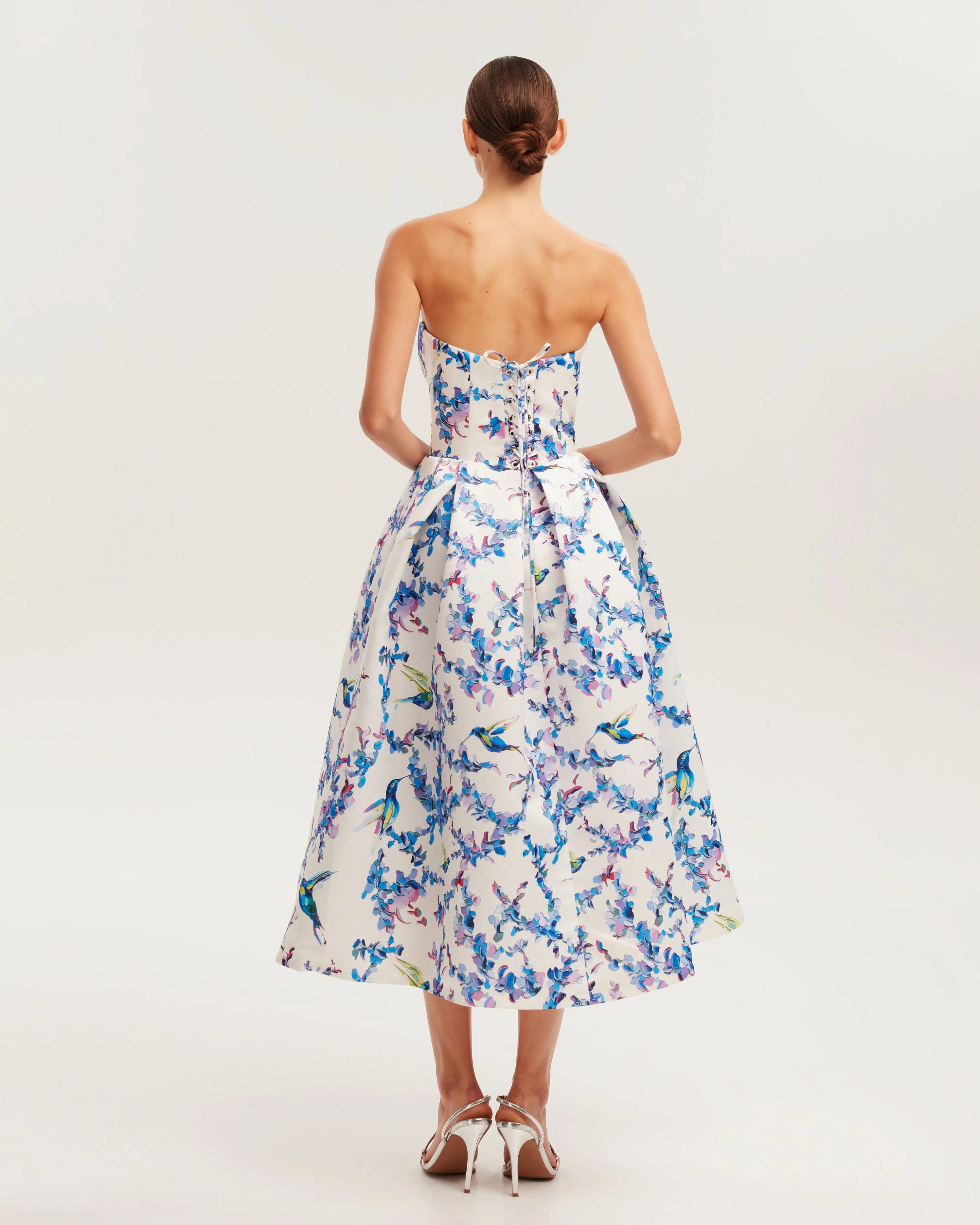 Dress Silhouettes Strapless midi dress with bird and flower print, Garden of Eden