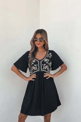 Short Mini Dress Long Sleeve Seaside Taupe Embroidered Black Mini Dress