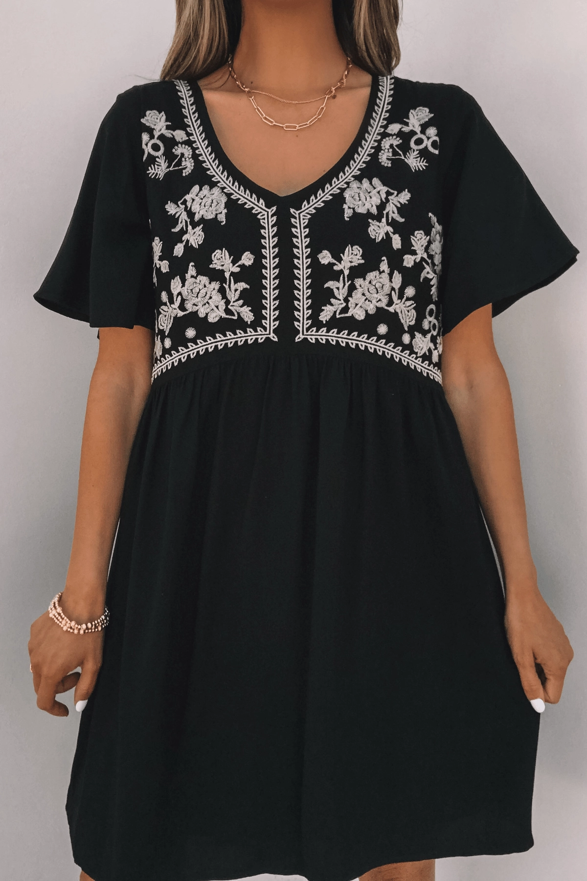 Seaside Taupe Embroidered Black Mini Dress Angelica Mini Dress