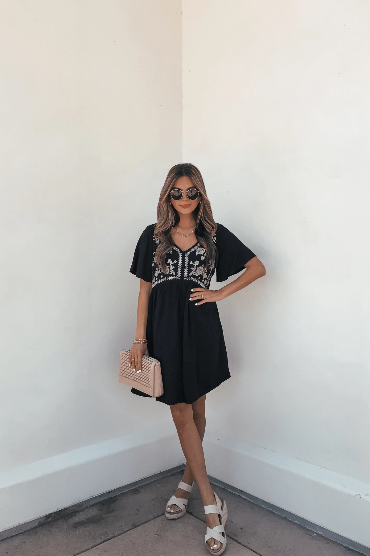 Velvet Mini Seaside Taupe Embroidered Black Mini Dress