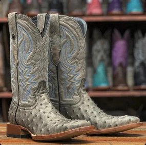 Men's Print Ostrich Square Toe Boots Grey with Black Boots For Long Dresses