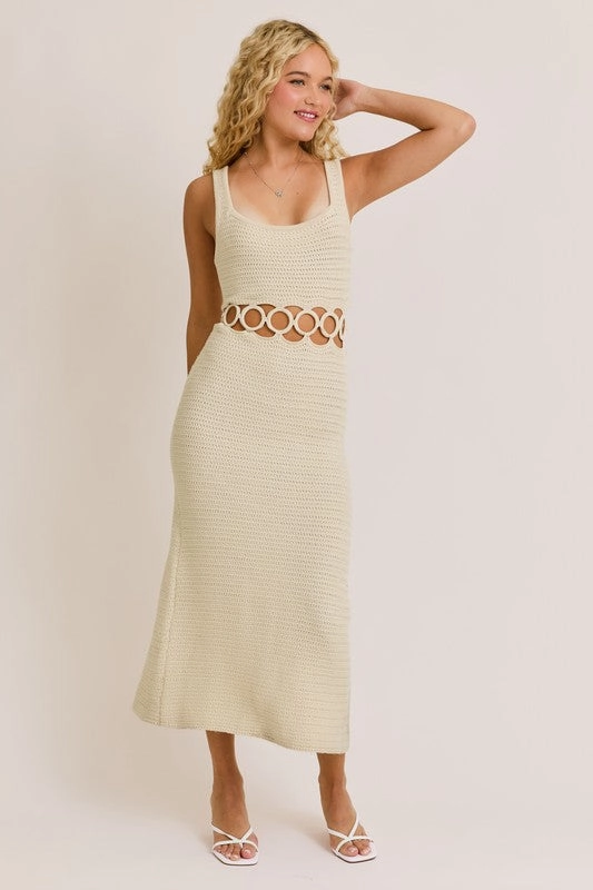 Bali Square Neck Sleeveless Crochet Midi Dress Wiggle Midi Dress