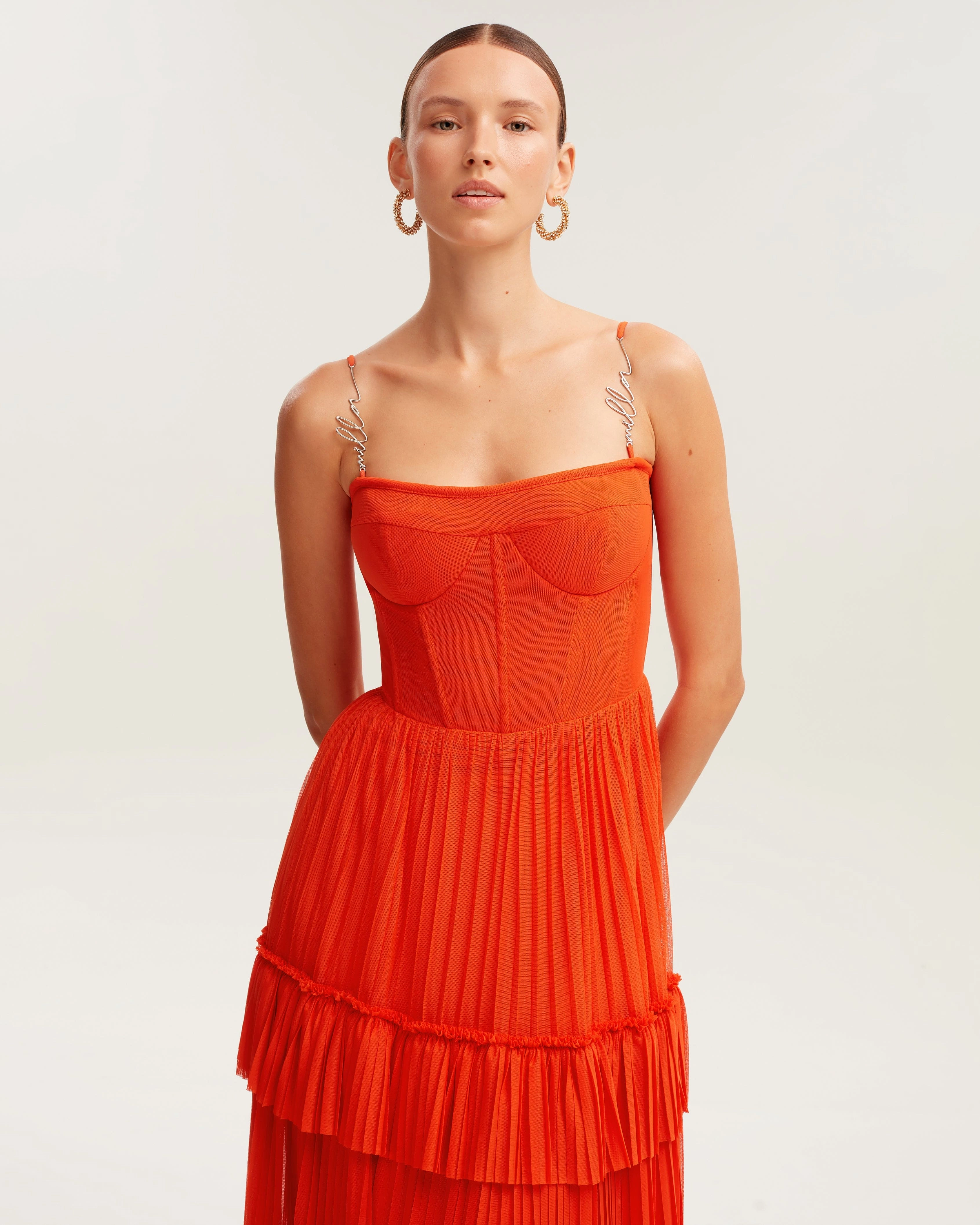 Graduation Long Dress Coral spaghetti strap pleated maxi dress, Garden of Eden