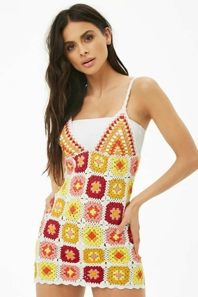 Floral Applique Corset Mini Dress Granny Square Mini Dress Cami Straps Slits Up Sides White Dark Red Mauve Pink Yellow Burnt Orange And Golden Size Medium