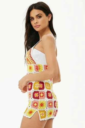 Granny Square Mini Dress Cami Straps Slits Up Sides White Dark Red Mauve Pink Yellow Burnt Orange And Golden Size Medium Mini Dress Curve