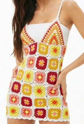 Granny Square Mini Dress Cami Straps Slits Up Sides White Dark Red Mauve Pink Yellow Burnt Orange And Golden Size Medium Satin Plisse Cutout Tiered Mini Dress