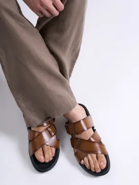 Men Brown Open Toe Multi Adjustable Strap Ethnic Slip On Sandals|Anti-Skid Sole Slippers|Memory Cushion Insole Fly Sandals