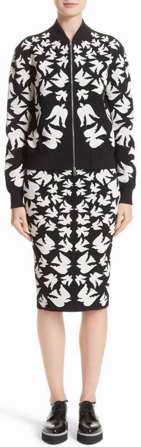 Swallow Jacquard Knit Zip Sweater & Pencil Skirt Set 