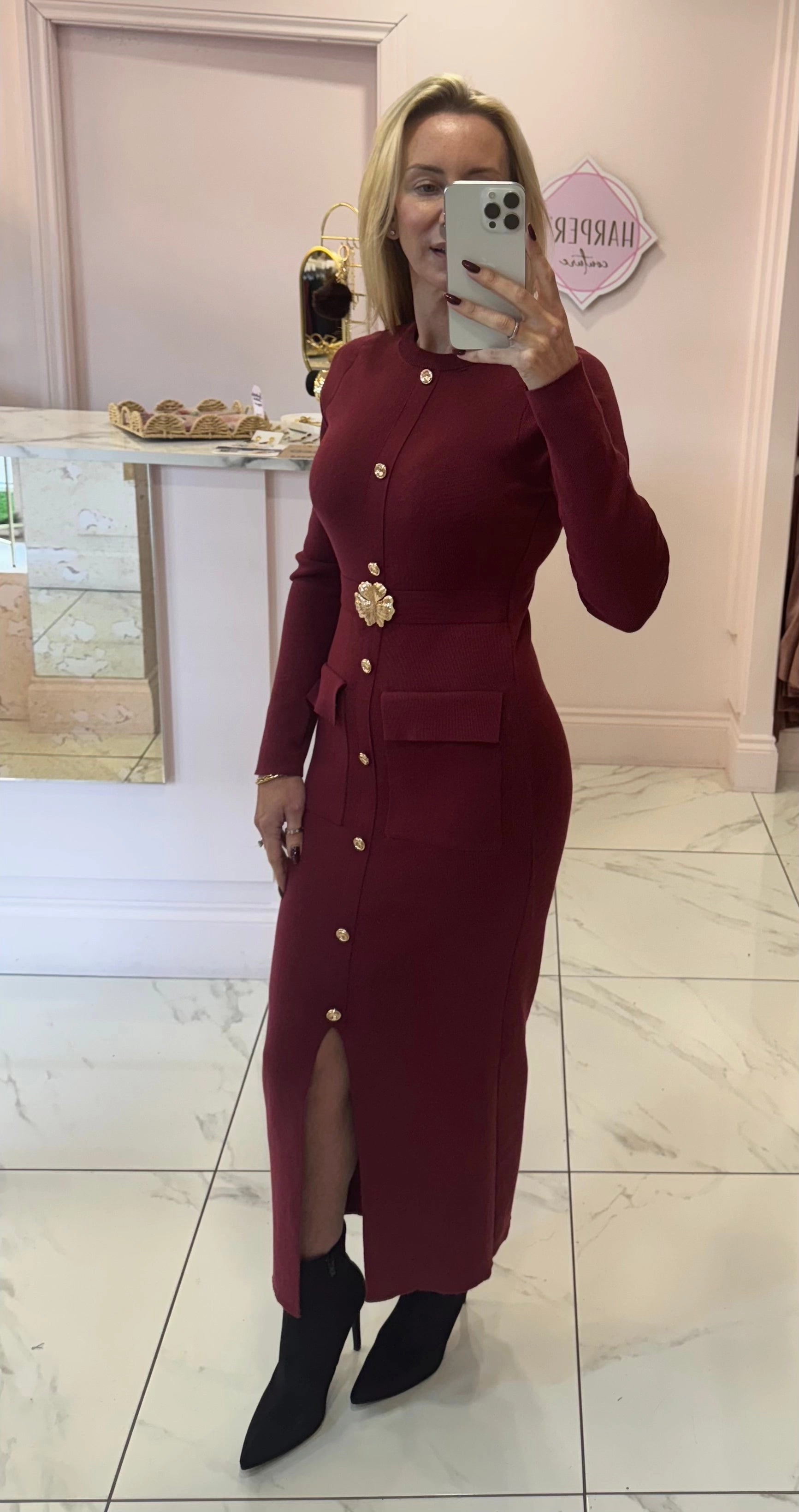 Floral Midi Dress Off Shoulder Maxine Burgundy Knit Midi Dress