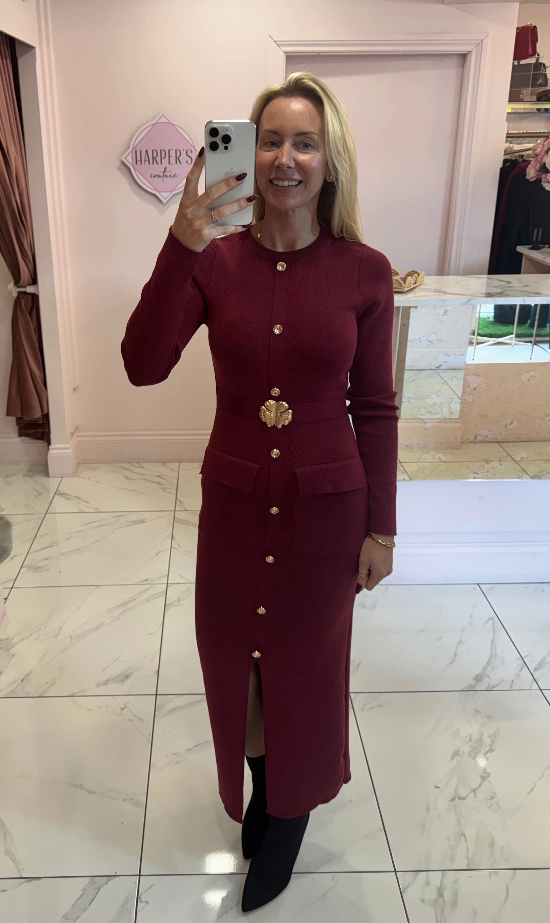 Plunge Long Sleeve Midi Dress Maxine Burgundy Knit Midi Dress
