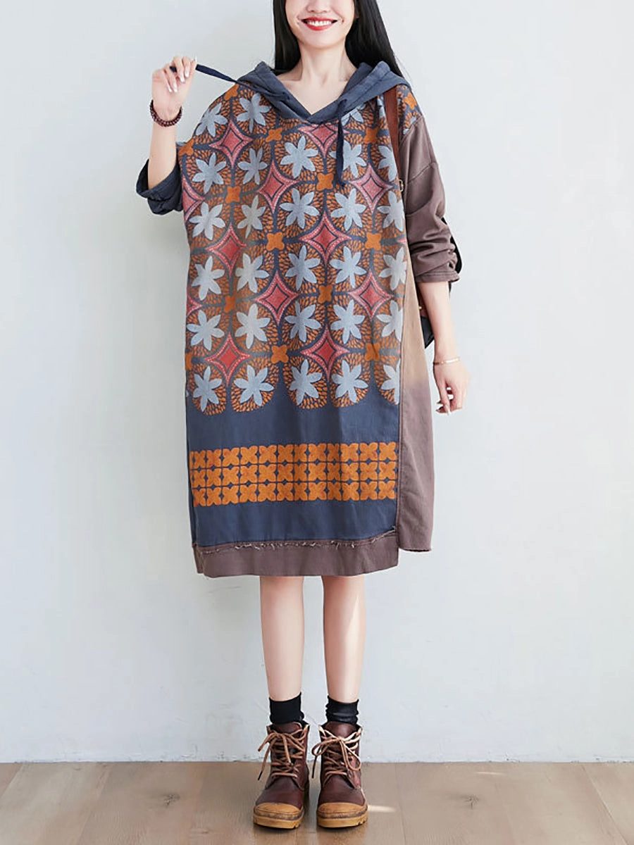 Brune Sweatshirts Women Artsy Flower Spliced Spring Hooded Sweatshirt KL1047