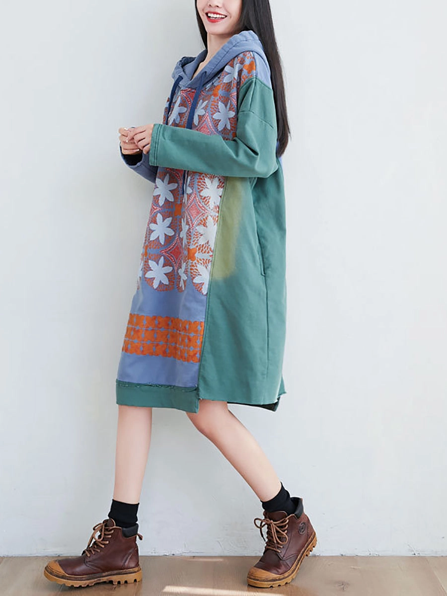 Women Artsy Flower Spliced Spring Hooded Sweatshirt KL1047 Best Custom Embroidered Sweatshirts