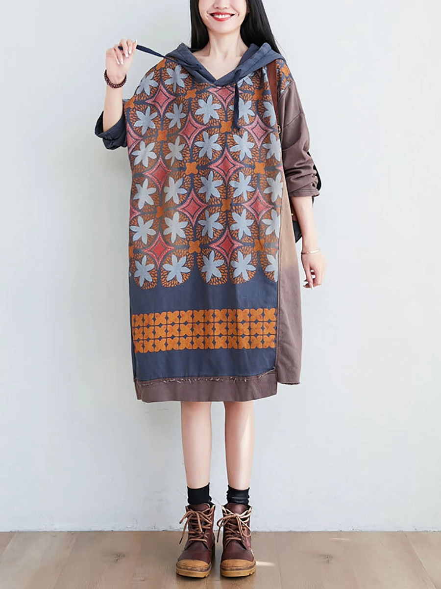 No Pill Sweatshirts Women Artsy Flower Spliced Spring Hooded Sweatshirt KL1047