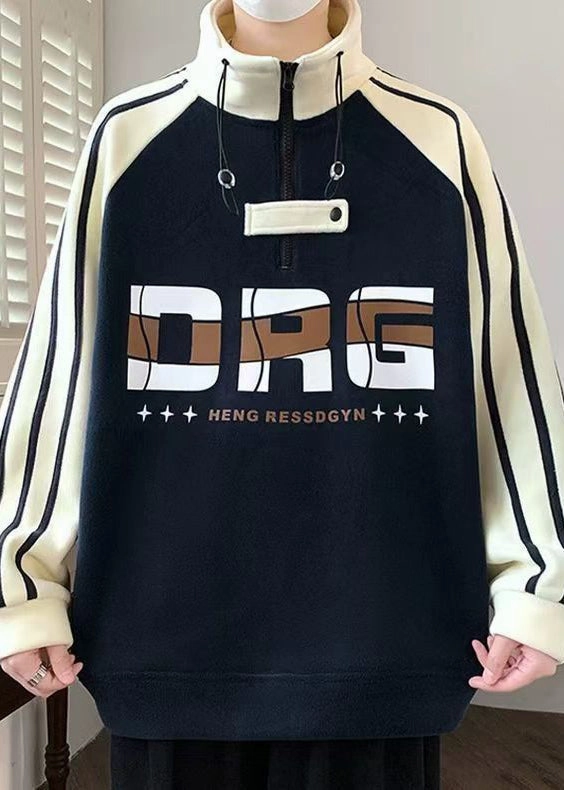 Cool Navy Hign Neck Zippered Patchwork Cotton Men Sweatshirts Fall EQ015 Tye Dye Sweatshirts