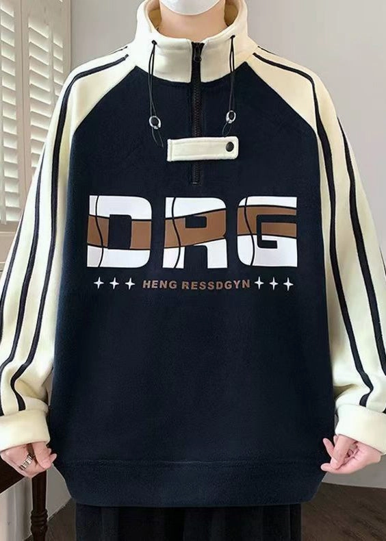 Grey Sweatshirts Near Me Cool Navy Hign Neck Zippered Patchwork Cotton Men Sweatshirts Fall EQ015