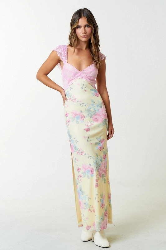 Cordelia Corseted Maxi Dress Sweet Tea Mesh Floral Maxi Dress
