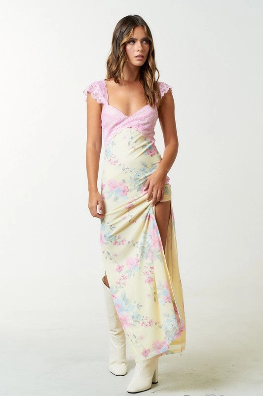 Sweet Tea Mesh Floral Maxi Dress Ruffle Corset Maxi Dress