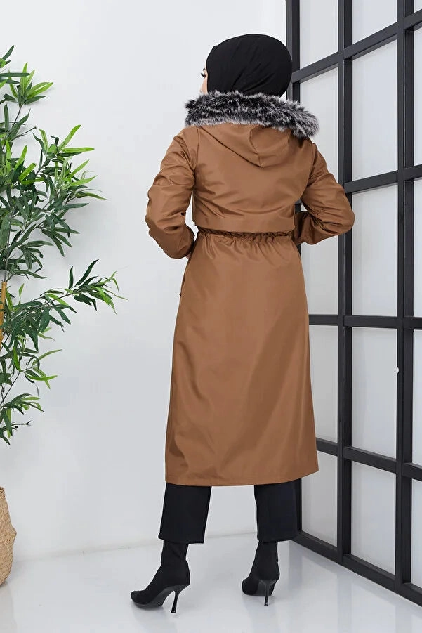 Imajbutik Women's Brown Modest Hooded Fur Lined Drawstring Bondik Hijab Coat Kanuk Winter Coats
