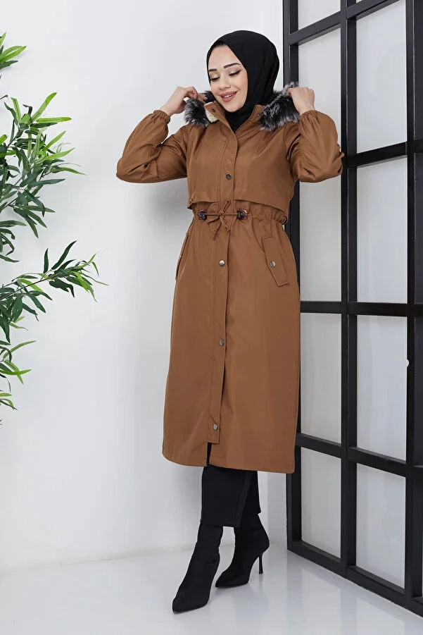 Imajbutik Women's Brown Modest Hooded Fur Lined Drawstring Bondik Hijab Coat Faux Fur Hooded Coats