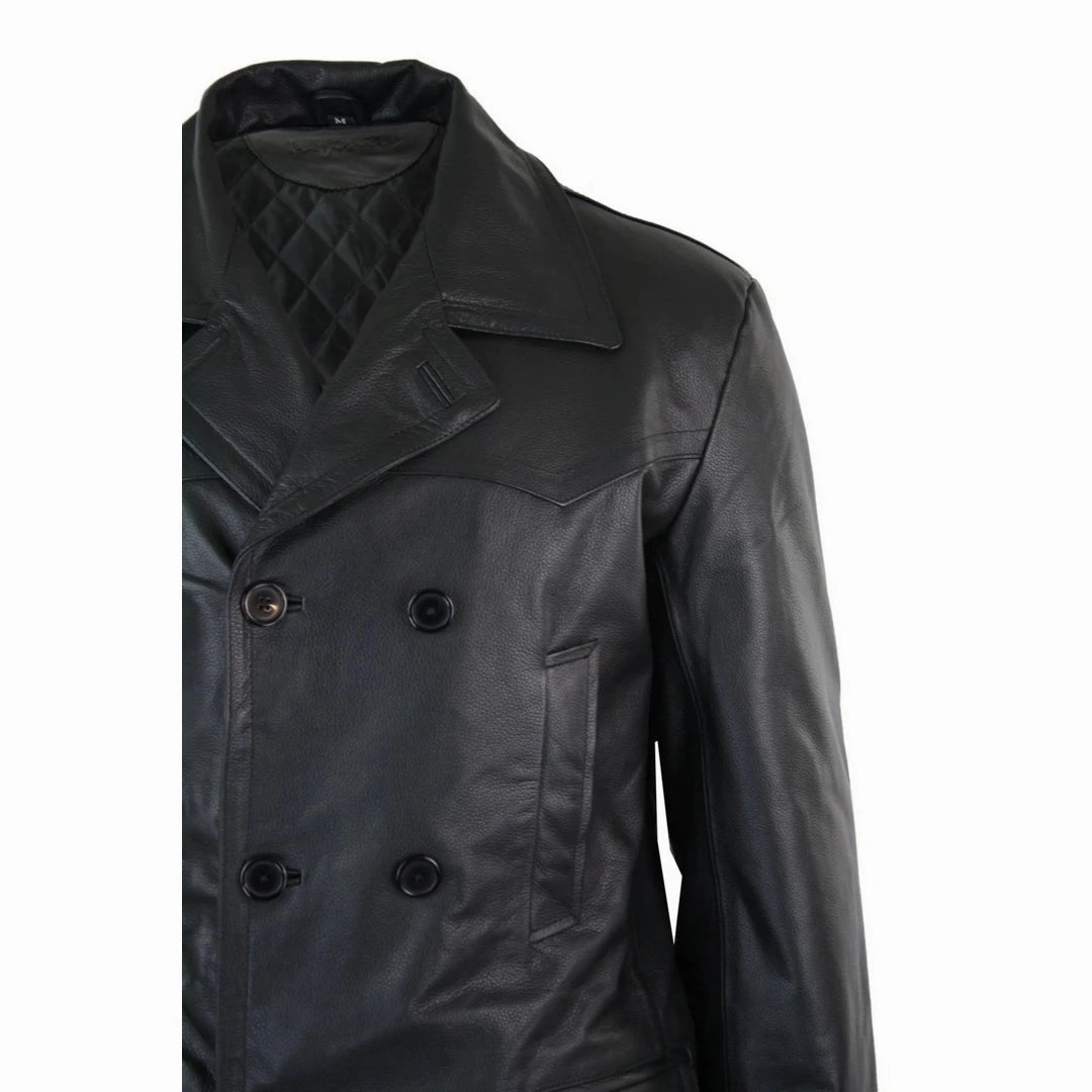 Men's Long 3/4 Dark Goth Punk Rock Double Breasted Leather Dr Who Jacket Uboat Down Filled