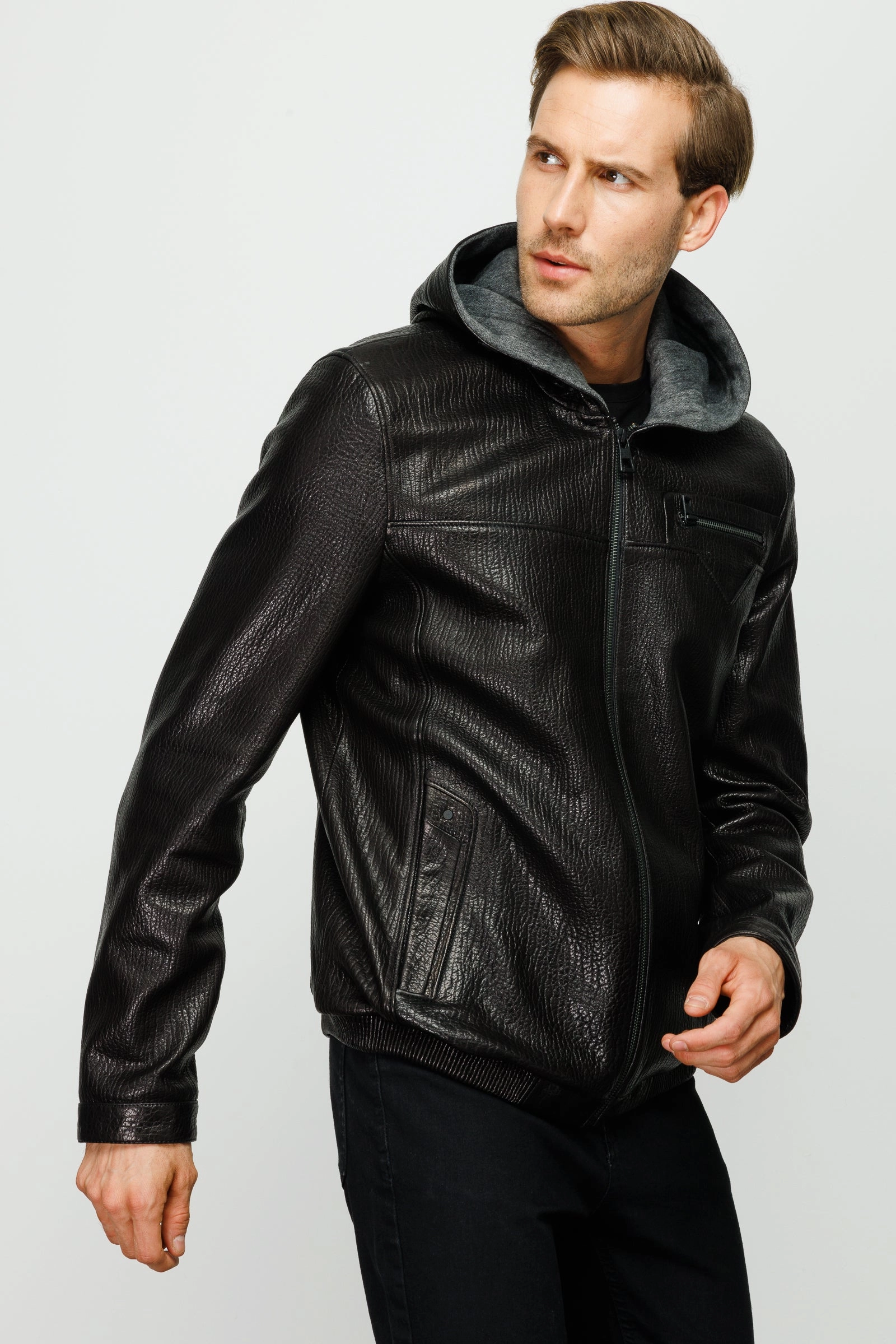 The Byron Ribi Black Leather Men Jacket Down Fill Jackets