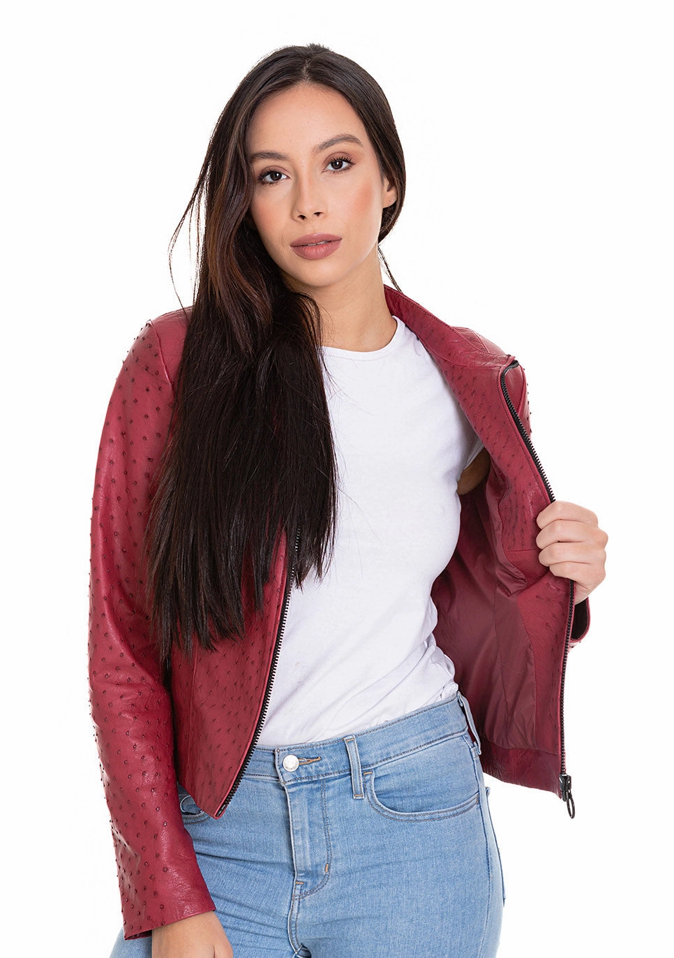 The Comly Burgundy  Ostrich Leather Women Jacket Outfitters Jackets