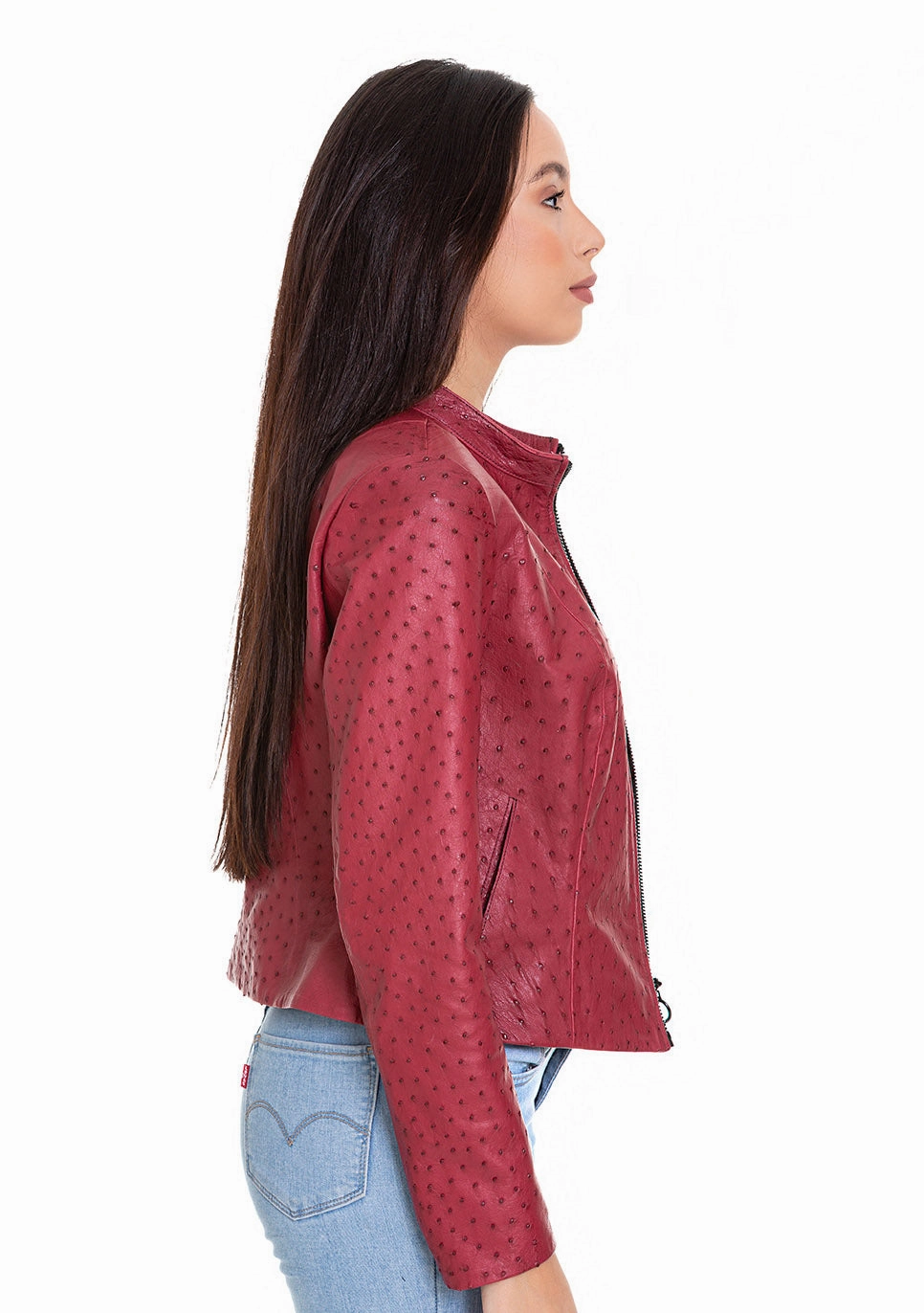 Puffer Jackets Sale The Comly Burgundy  Ostrich Leather Women Jacket