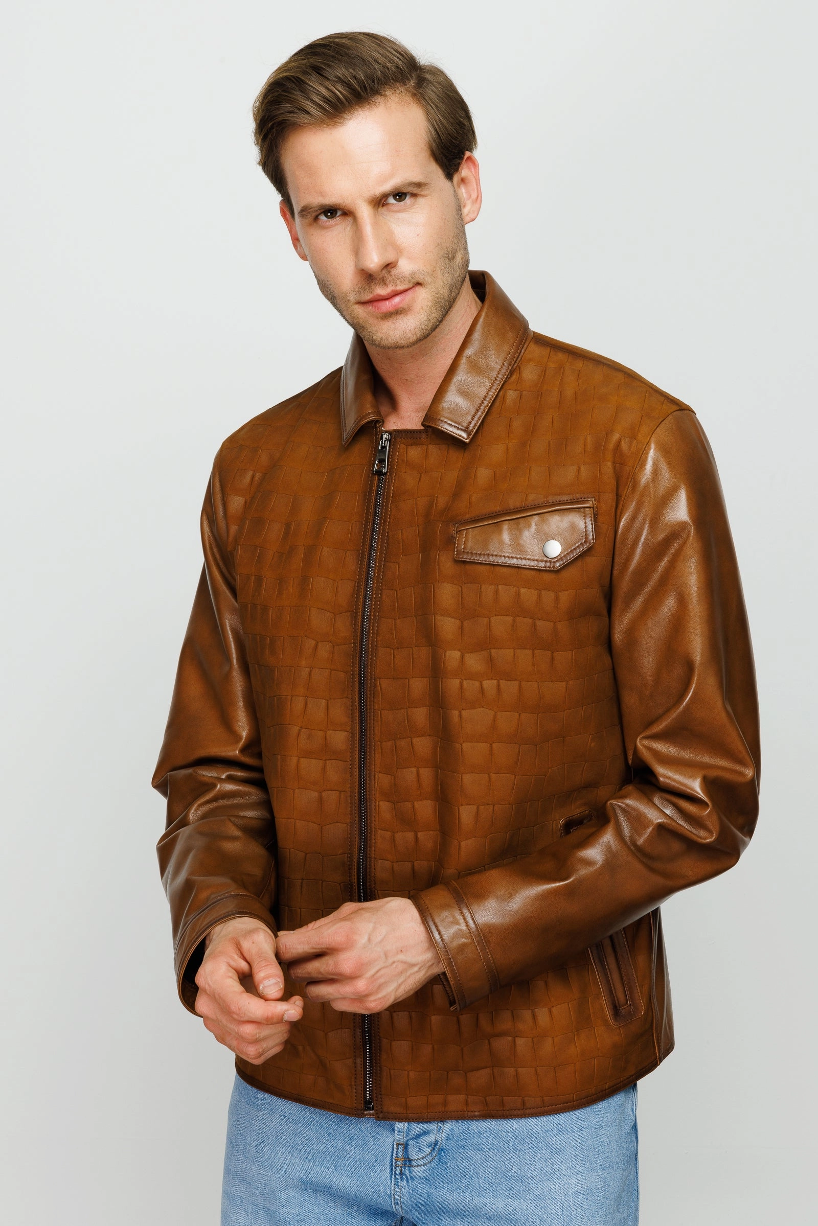 Celebs Leather Jackets The Emerson Tan Leather Men Jacket