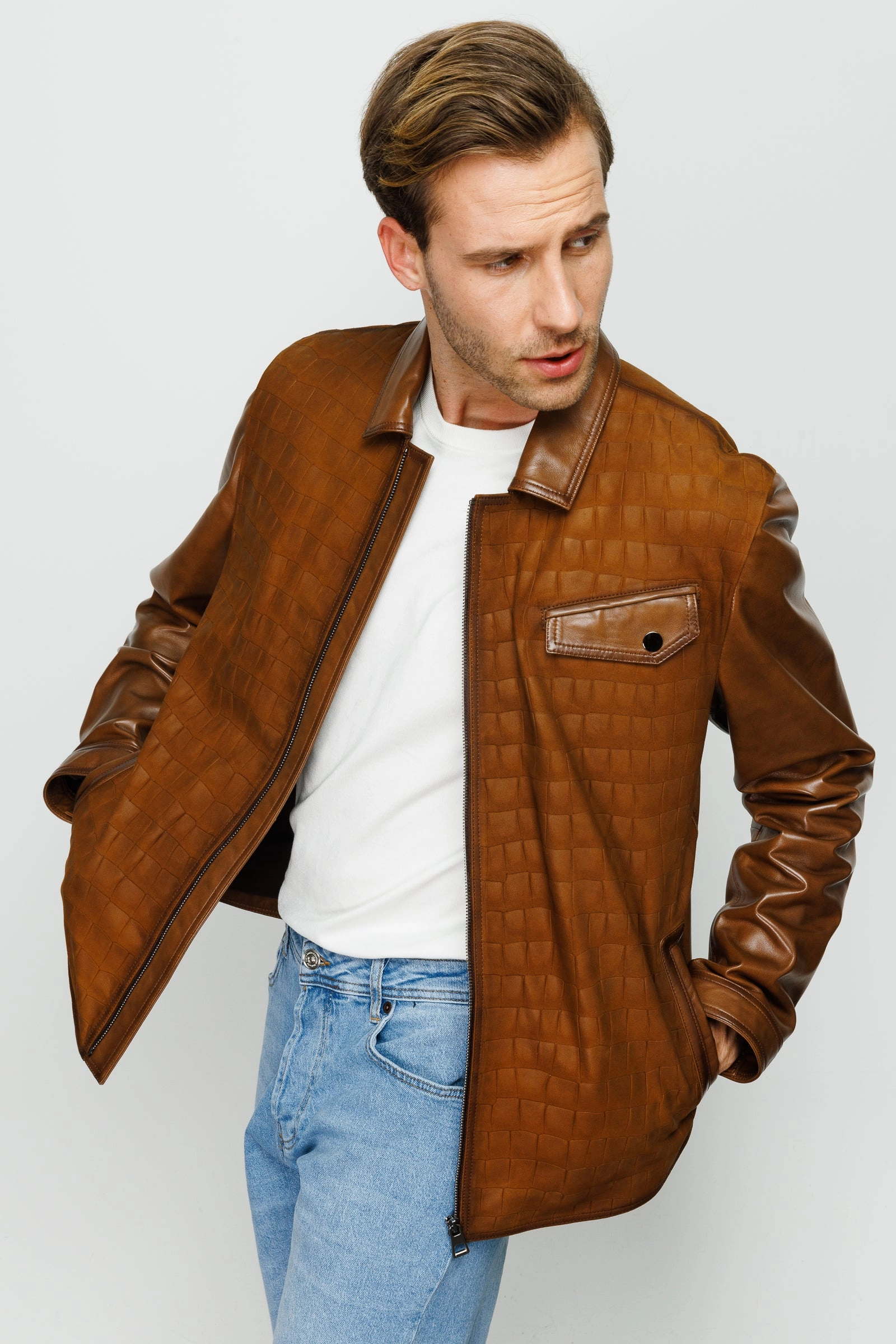 The Emerson Tan Leather Men Jacket Cheerleading Coach Jackets