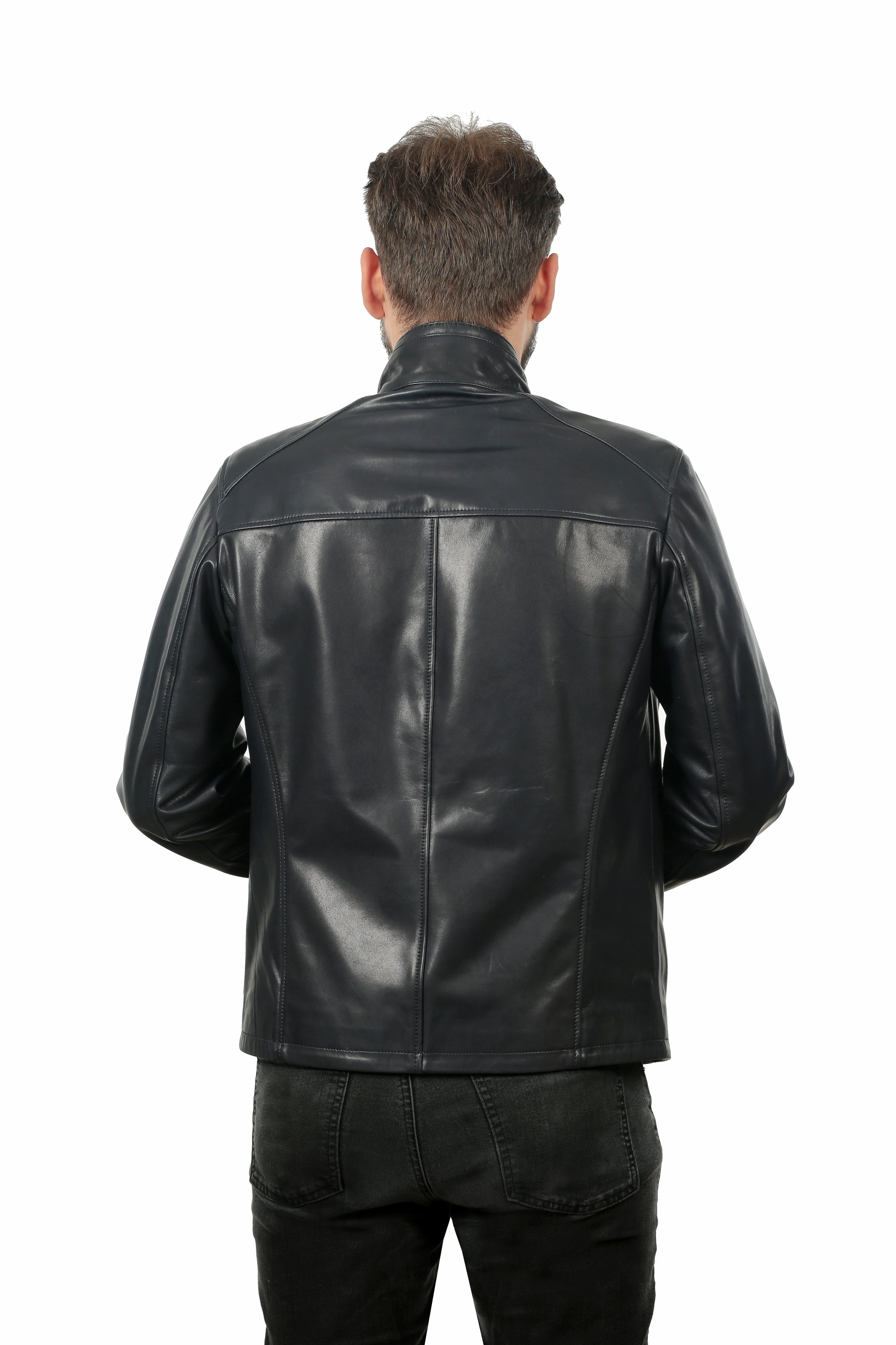 The Leroy Navy Blue Leather Men Jacket Fred Jackets