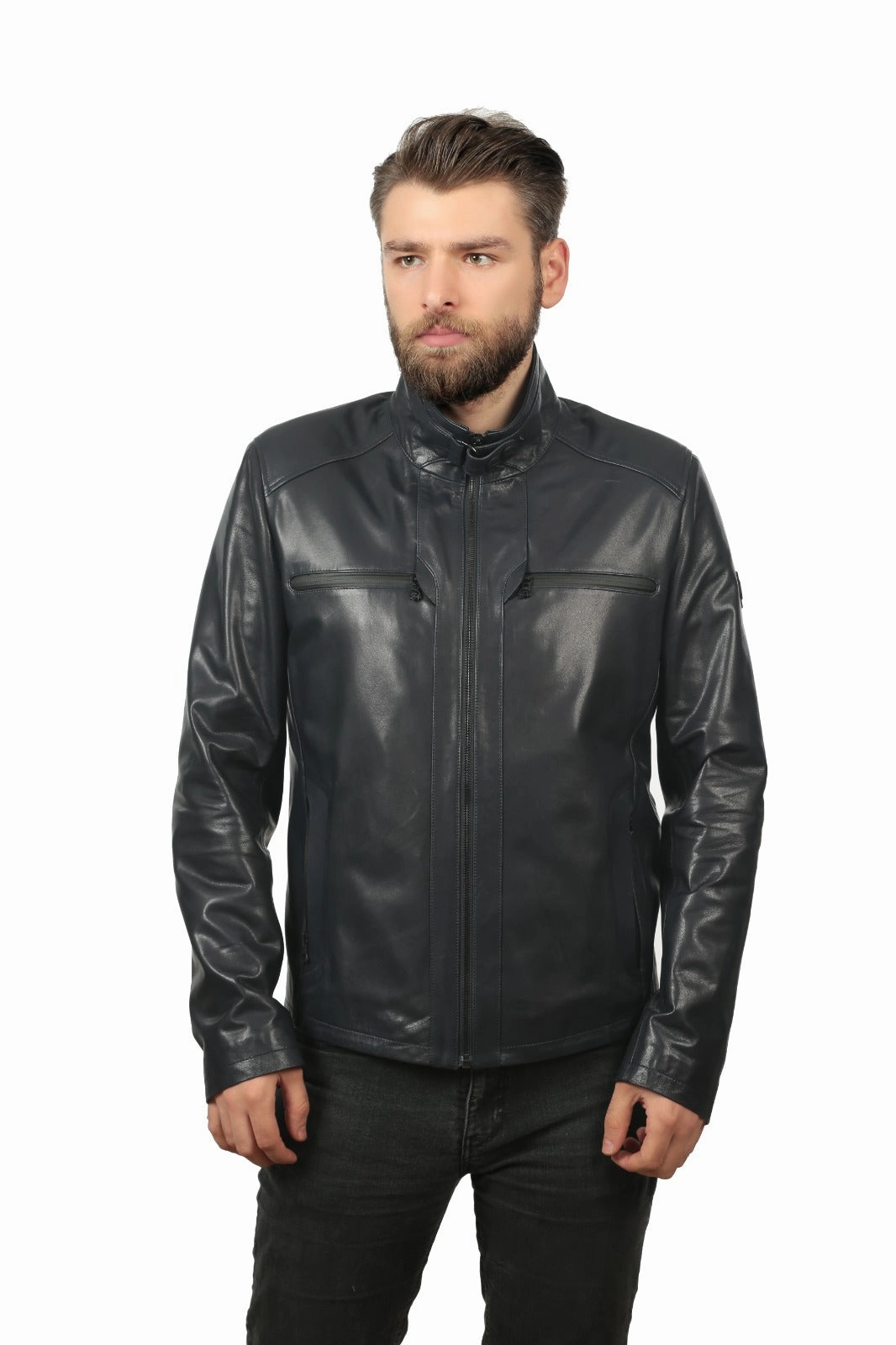 Free Winter Jackets The Leroy Navy Blue Leather Men Jacket