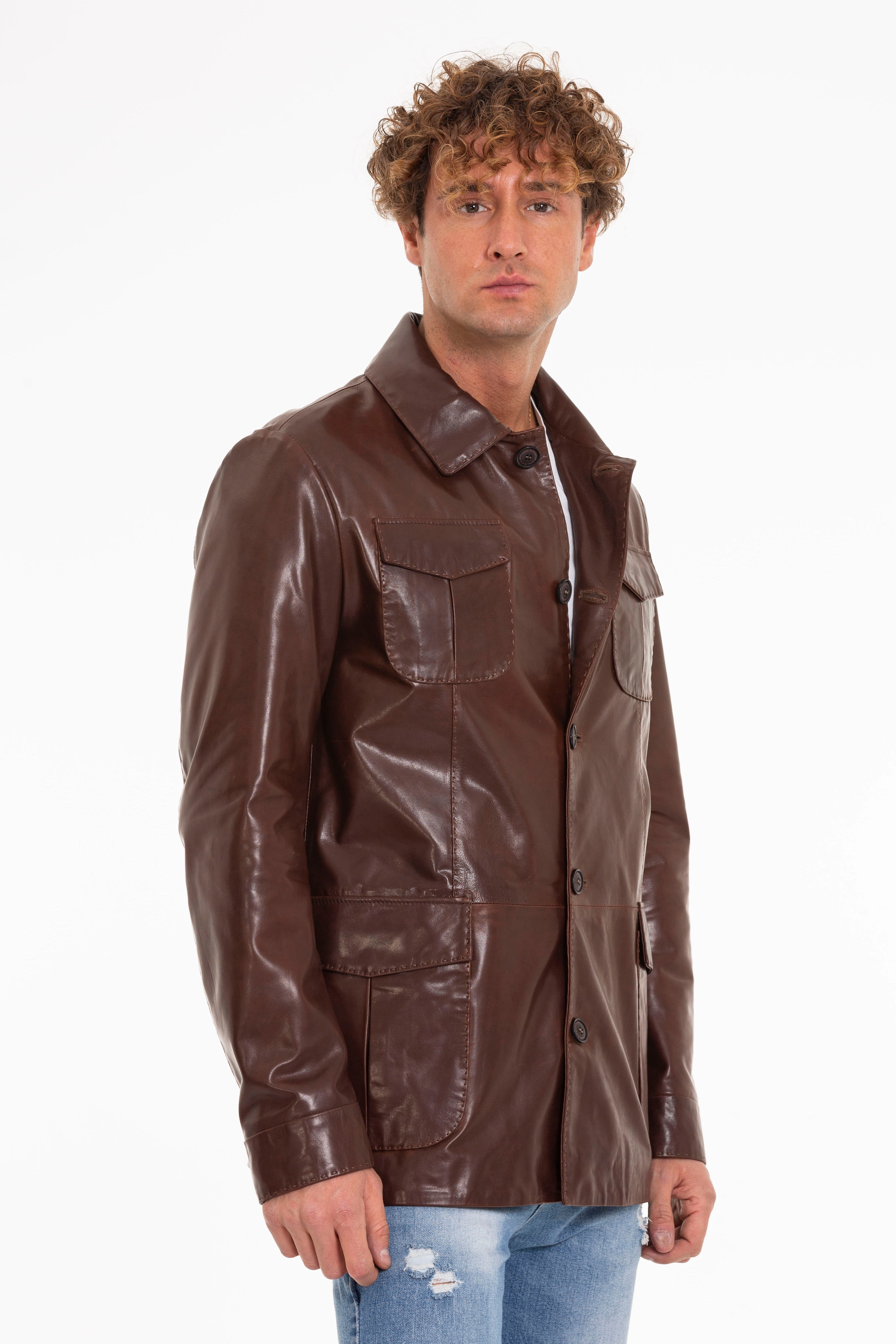 The Turro Brown Leather Men Jacket Short Leather