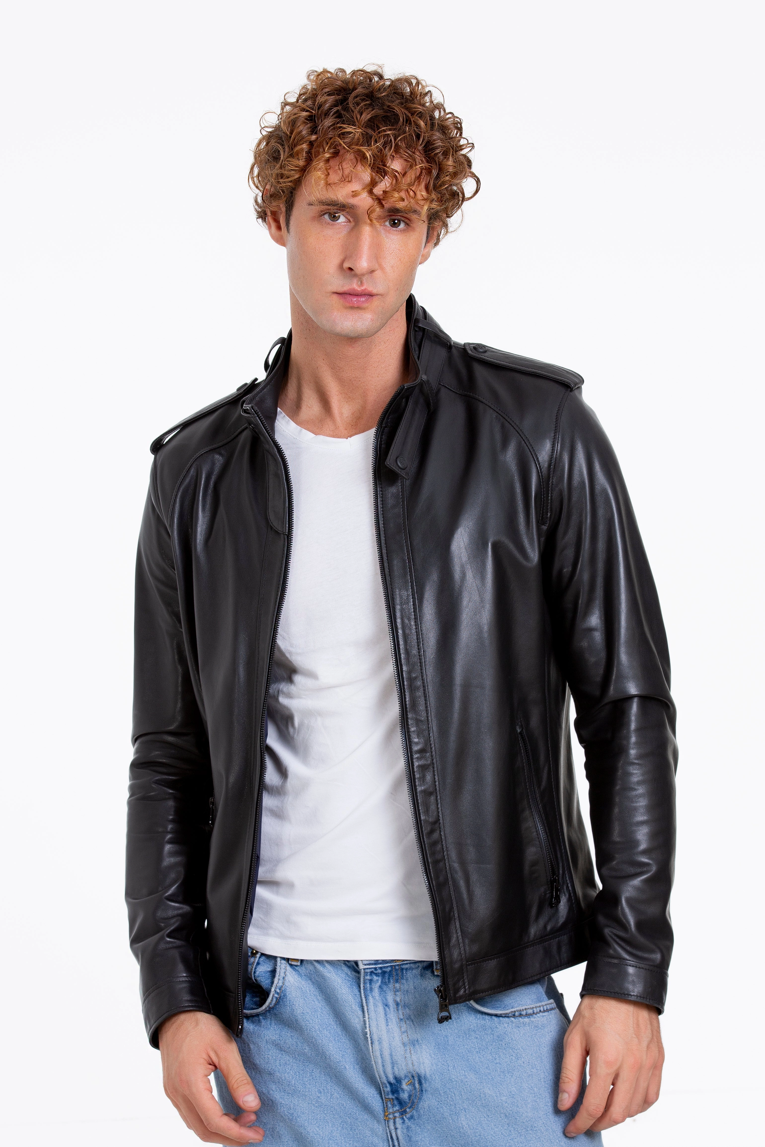 The Vinohrady Black Leather Men Jacket High Collar Jackets