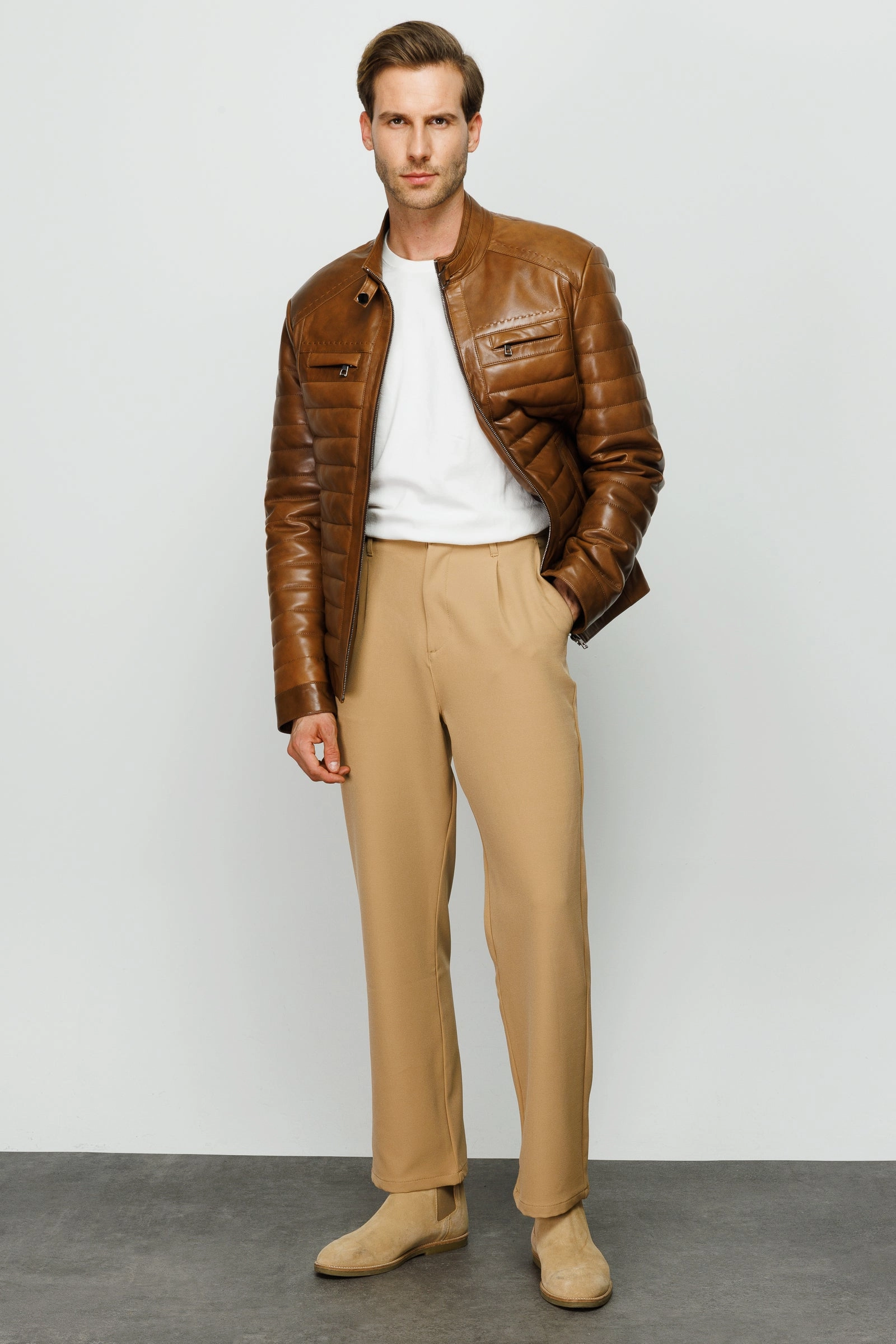The Wilkerson Tan Leather Men Jacket Textile Biker Jackets