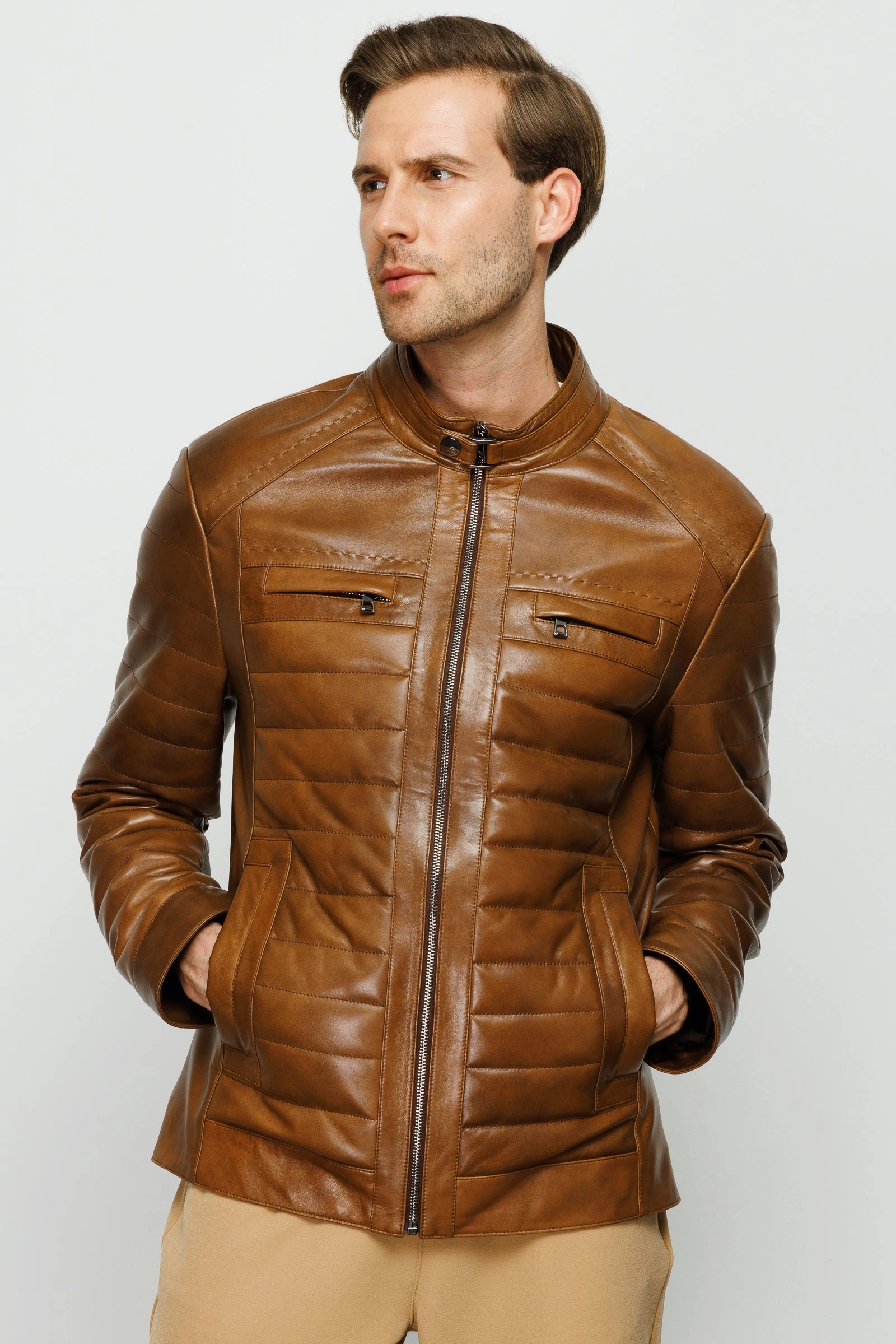 The Wilkerson Tan Leather Men Jacket Motorcycle