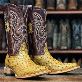Beastmaster Boots Men's Genuine Full Quill Ostrich Square Toe Boots Antique Saddle VF