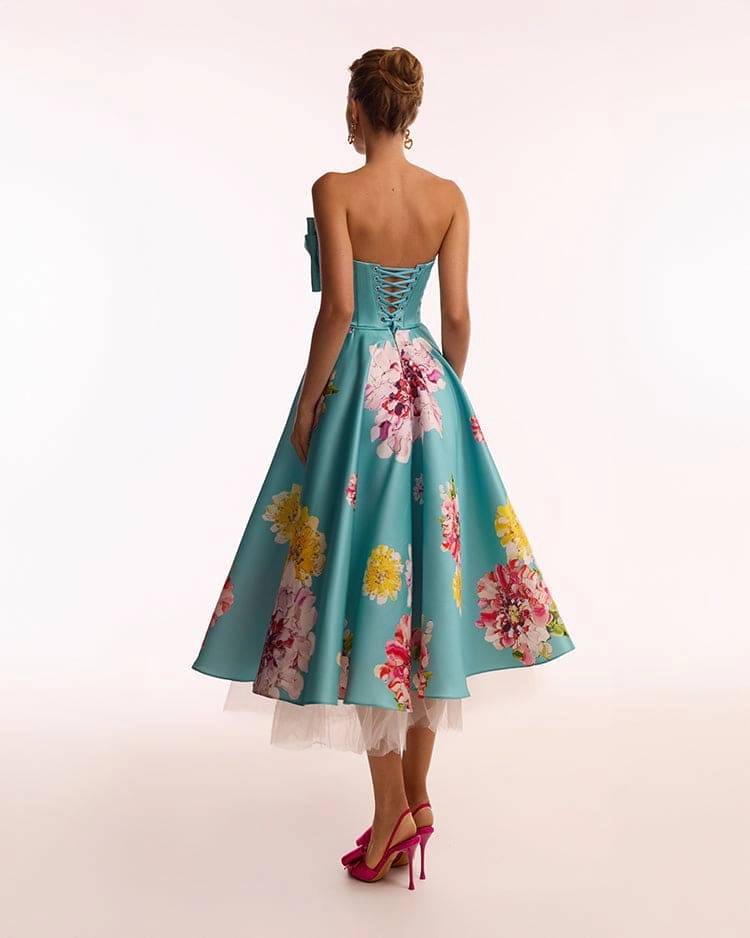 Playful aquamarine floral midi dress with bow, Glow-Up Dress Sleeves