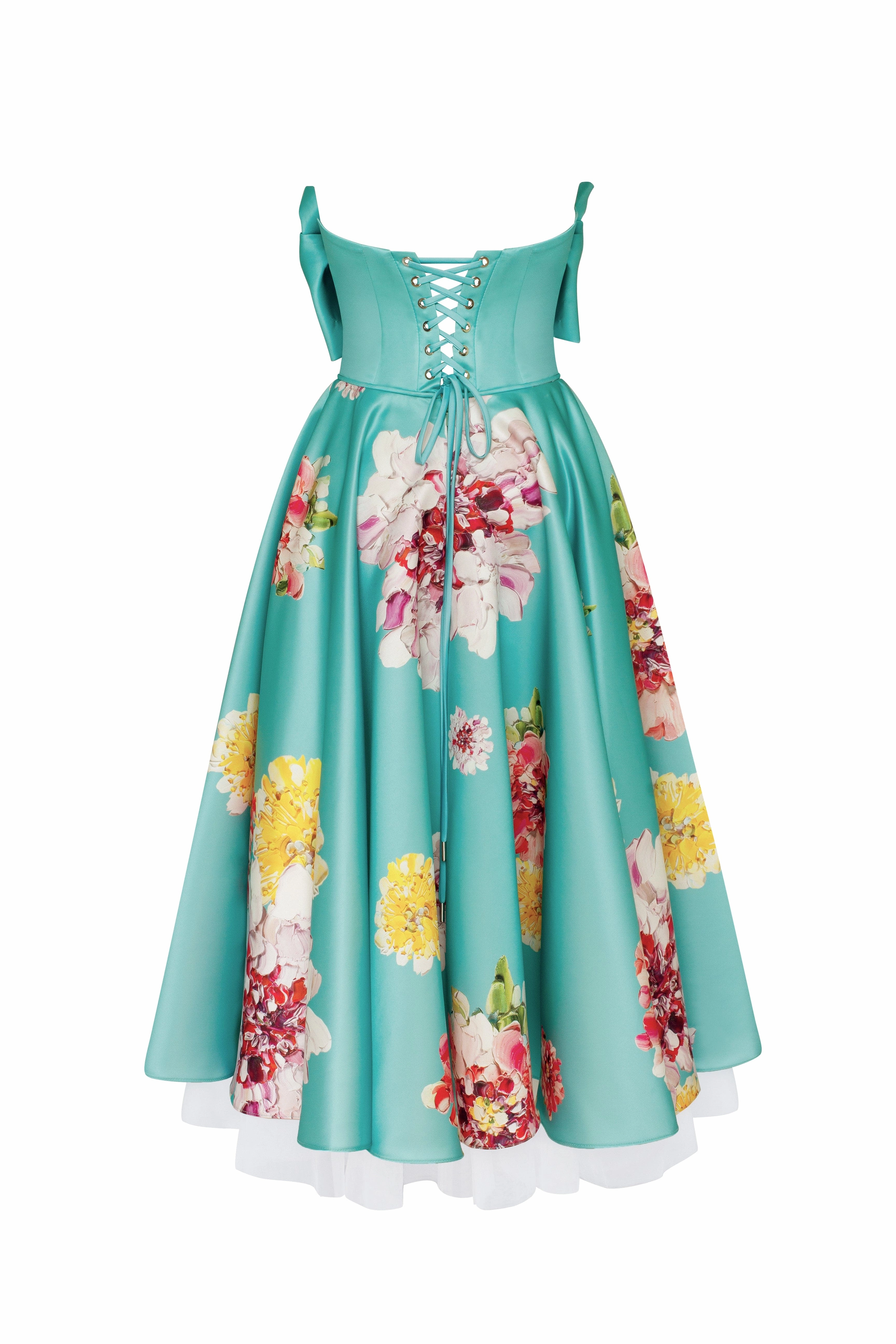 Dress Indian Playful aquamarine floral midi dress with bow, Glow-Up