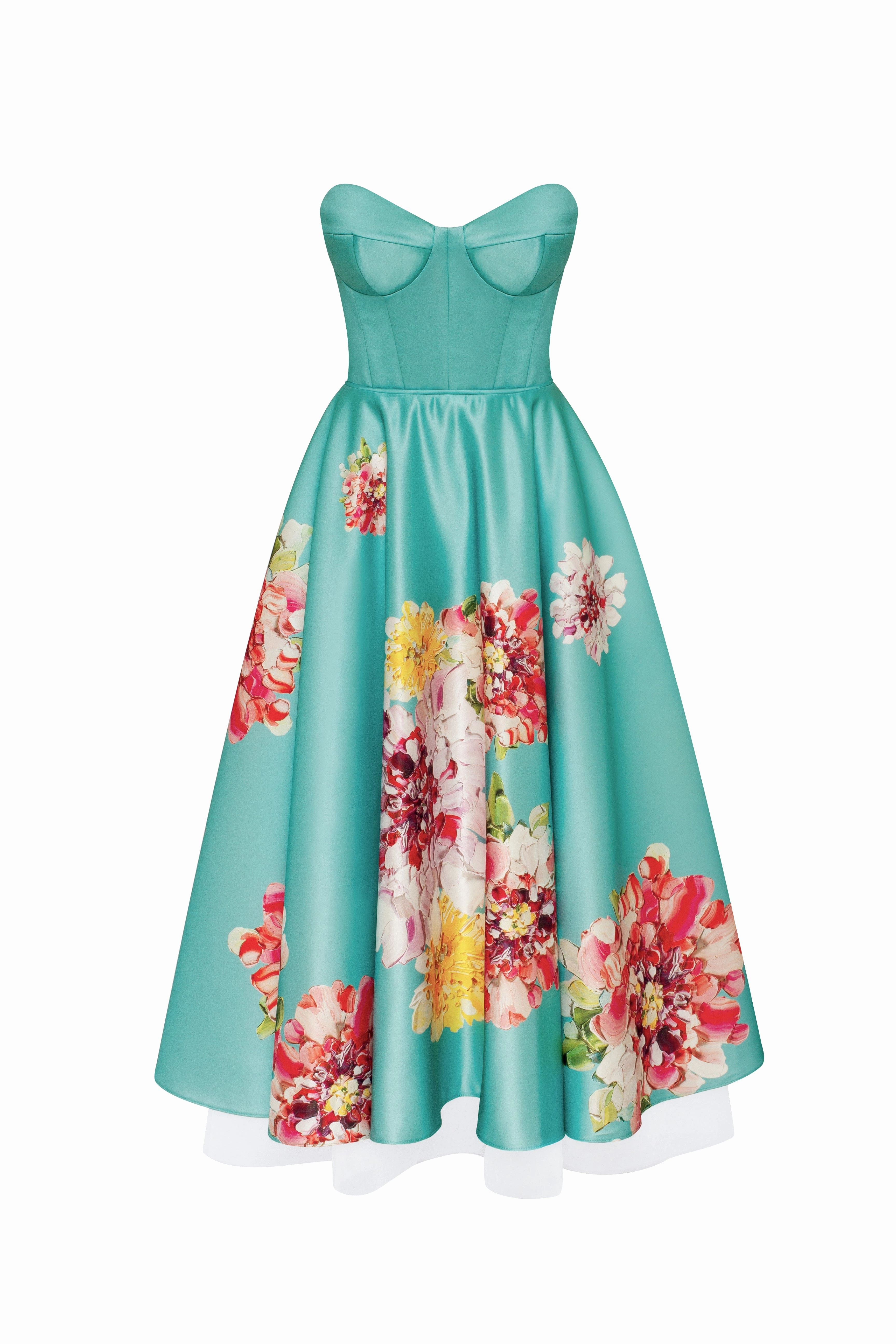 Formal Dinner Dress Playful aquamarine floral midi dress with bow, Glow-Up