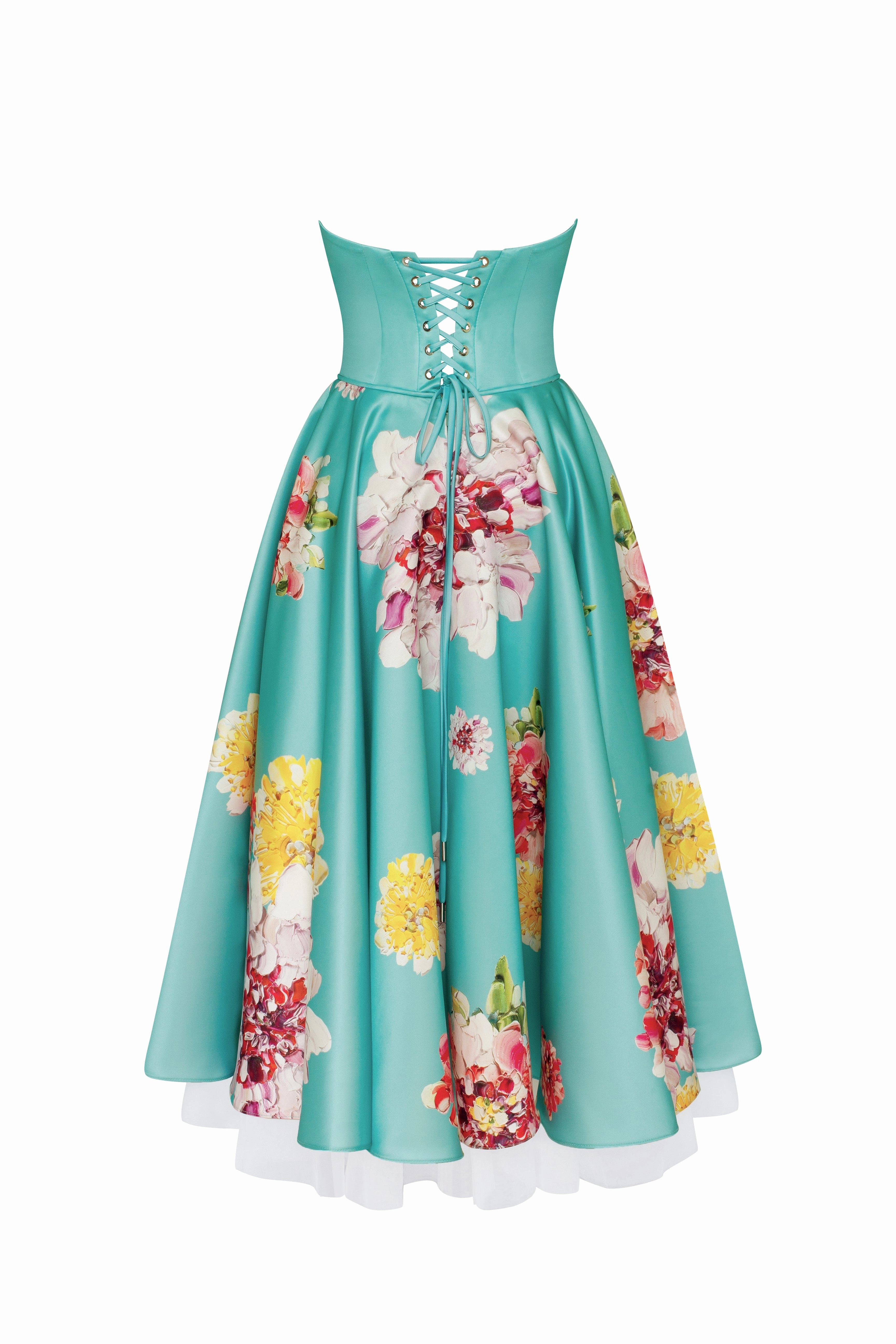 Playful aquamarine floral midi dress with bow, Glow-Up Dress For Halloween