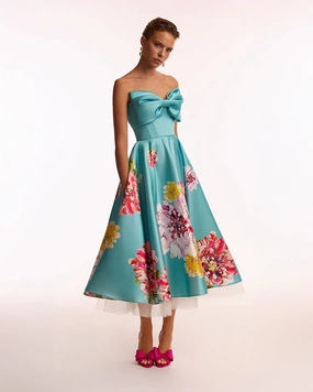 Corset Strapless Dress Playful aquamarine floral midi dress with bow, Glow-Up
