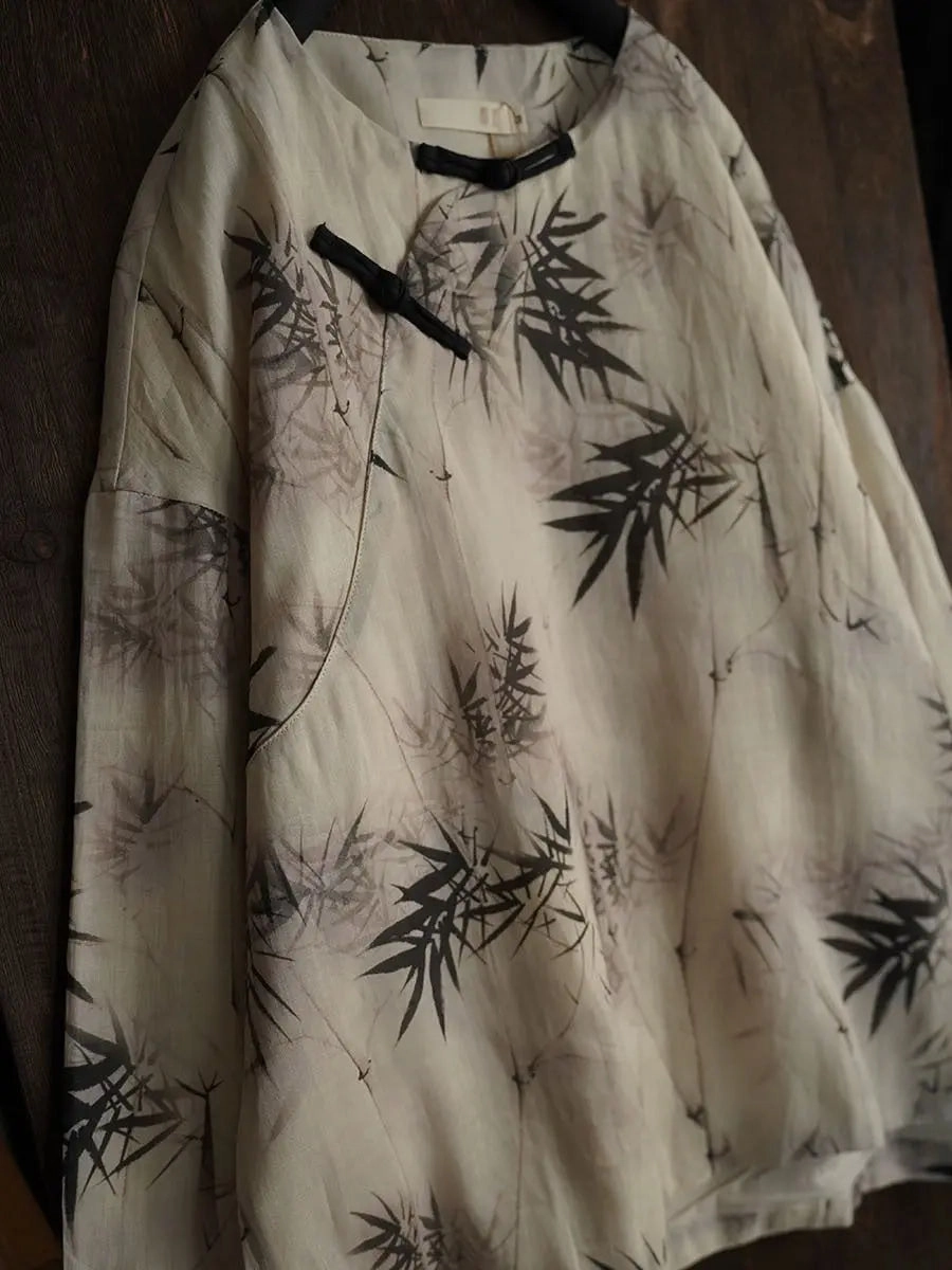 Women Bamboo Leaf Print Ramie Sweatshirt Scary Movie Sweatshirts