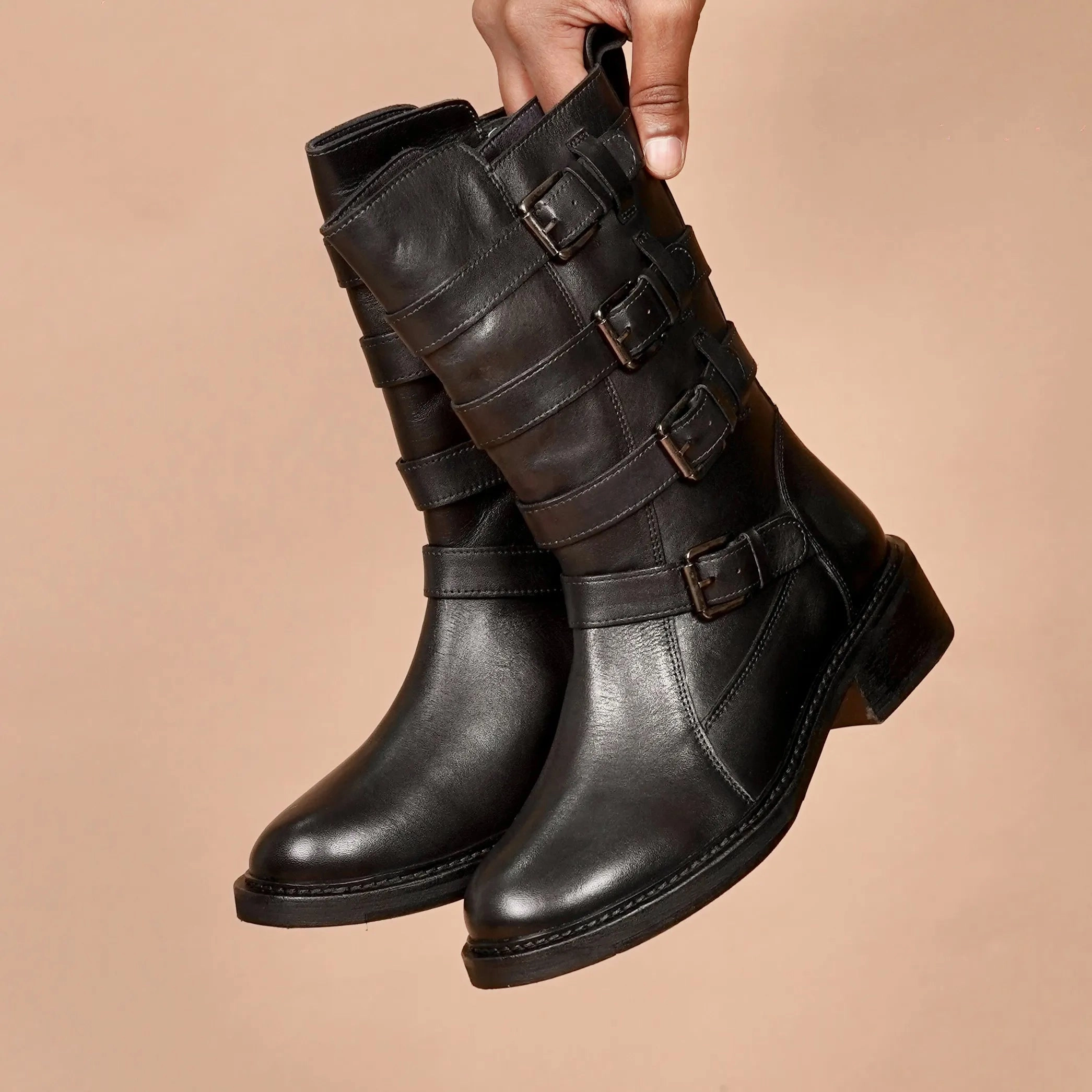 Harness Boots Stivali Donno Scuro  Women's Black Leather Buckled Boots