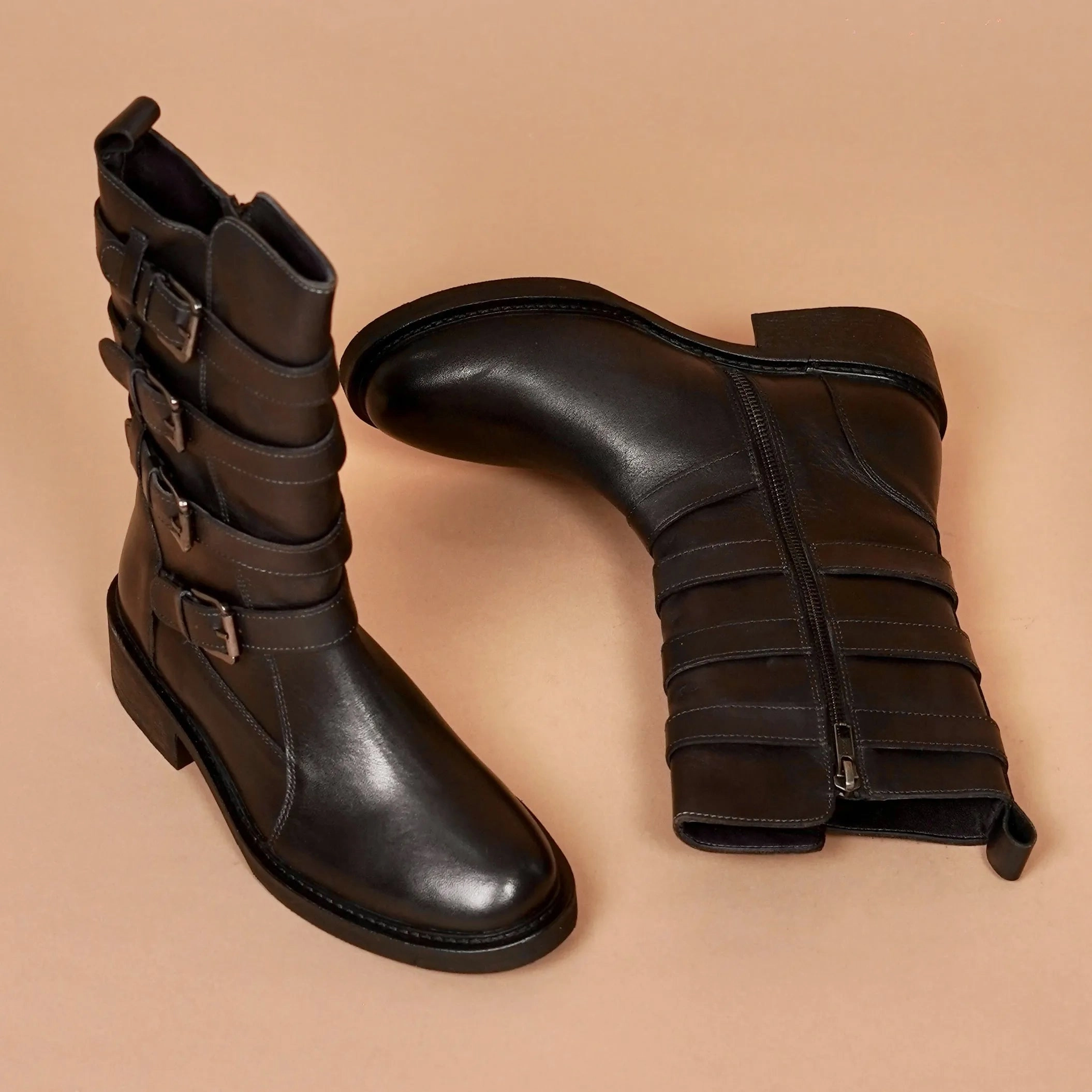 Bootcut Jeans With Boots Stivali Donno Scuro  Women's Black Leather Buckled Boots