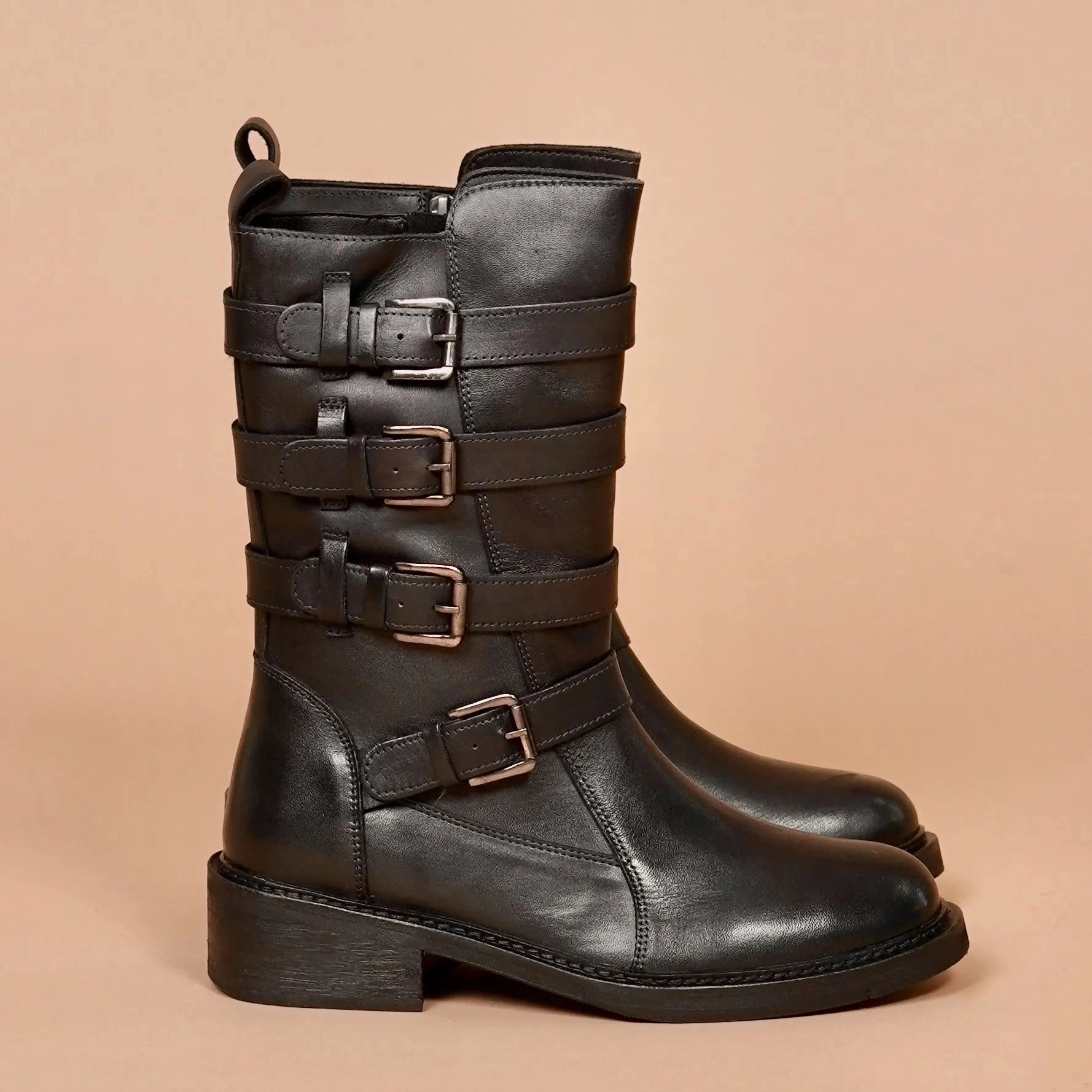 Boots In The City Stivali Donno Scuro  Women's Black Leather Buckled Boots