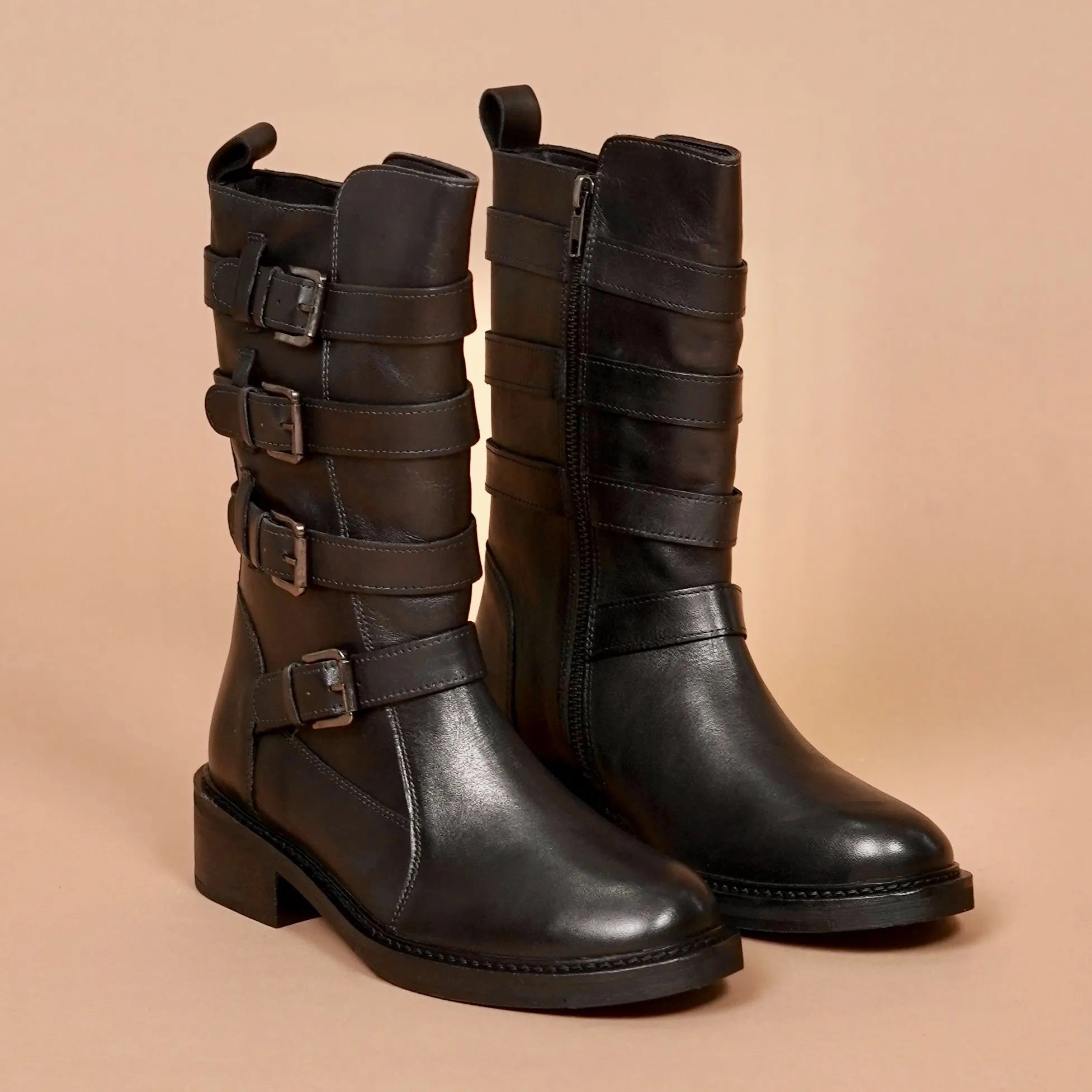 Approved Boots Stivali Donno Scuro  Women's Black Leather Buckled Boots