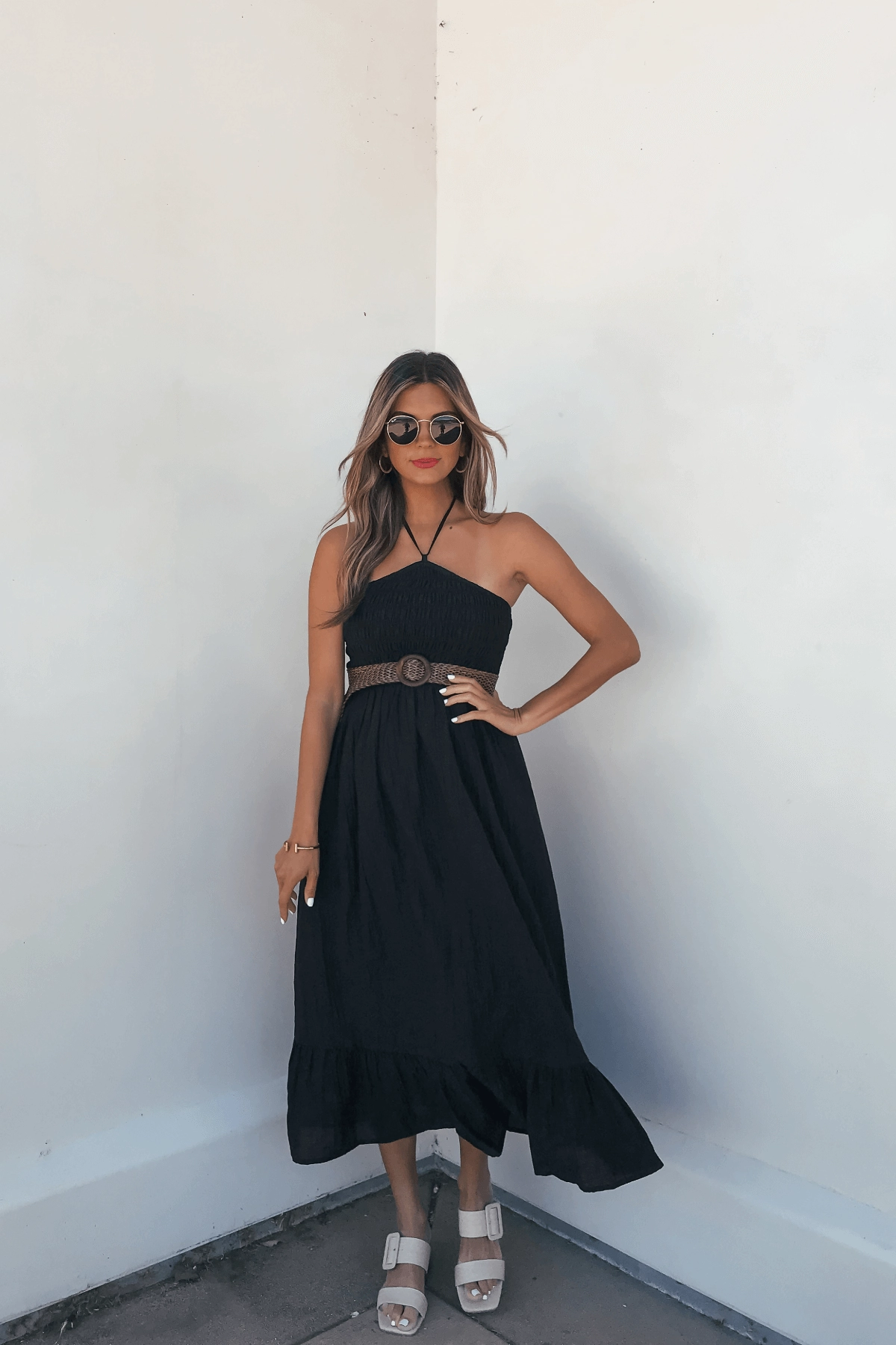 Camille Black Halter Belted Midi Dress - FINAL SALE Smocked Bodice Poplin Midi Dress