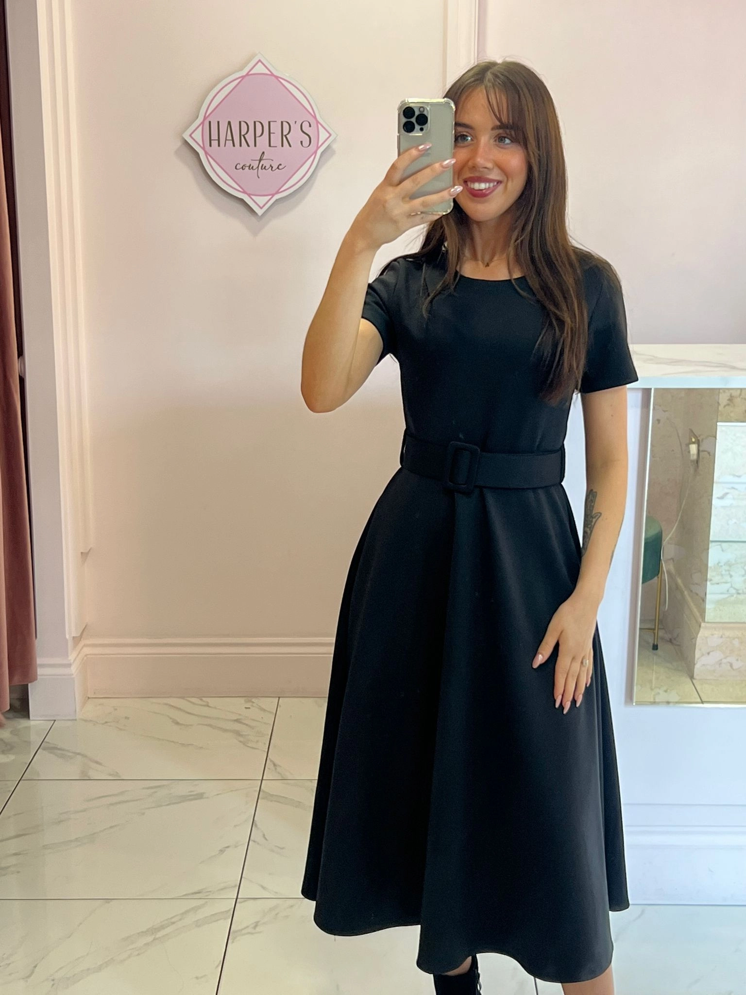 Jolene Black Tailored Short Sleeve Midi Dress with Belt Helia Bow Front Midi Dress