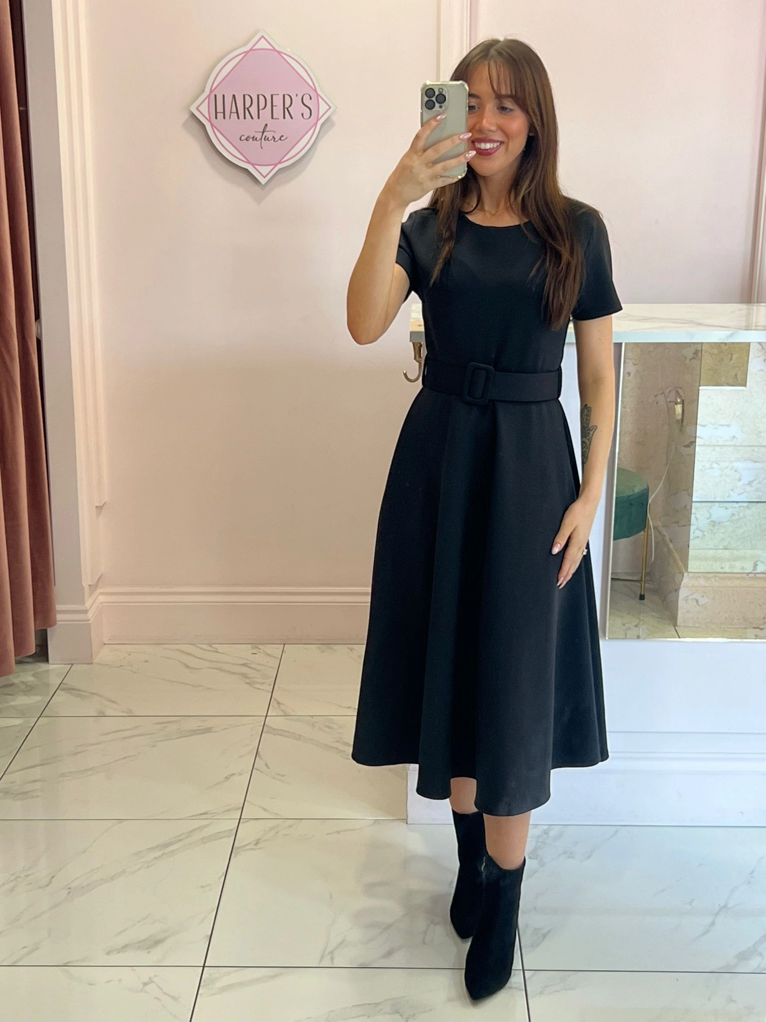 Jolene Black Tailored Short Sleeve Midi Dress with Belt Midi Dress Fancy