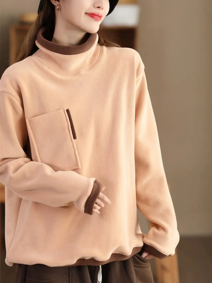 Images Of Sweatshirts Women Spliced Turtleneck Fleece Sweatshirt
